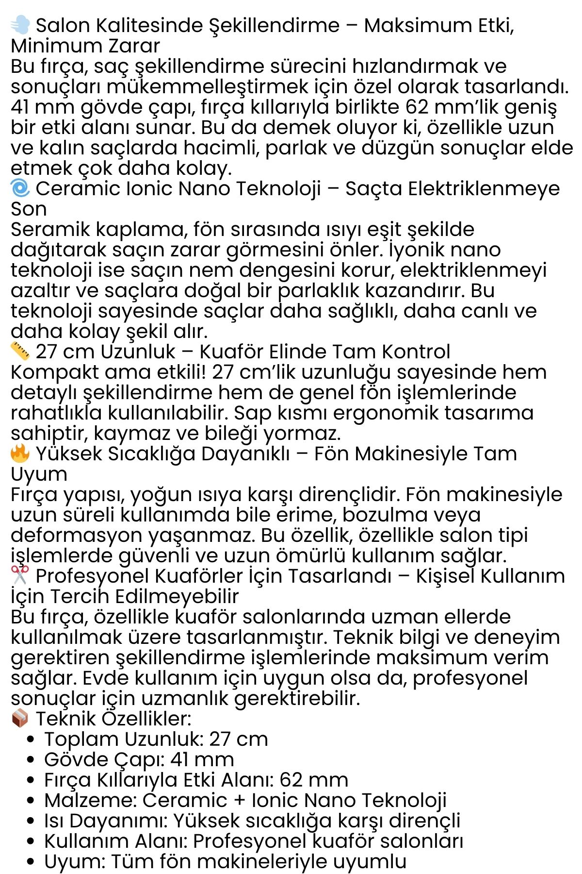 Profesyonel Kuaför 62 mm Ceramic Ionic Nano Fön Fırçası – 27 cm Uzunluk, Profesyonel Kuaför Serisi 722301