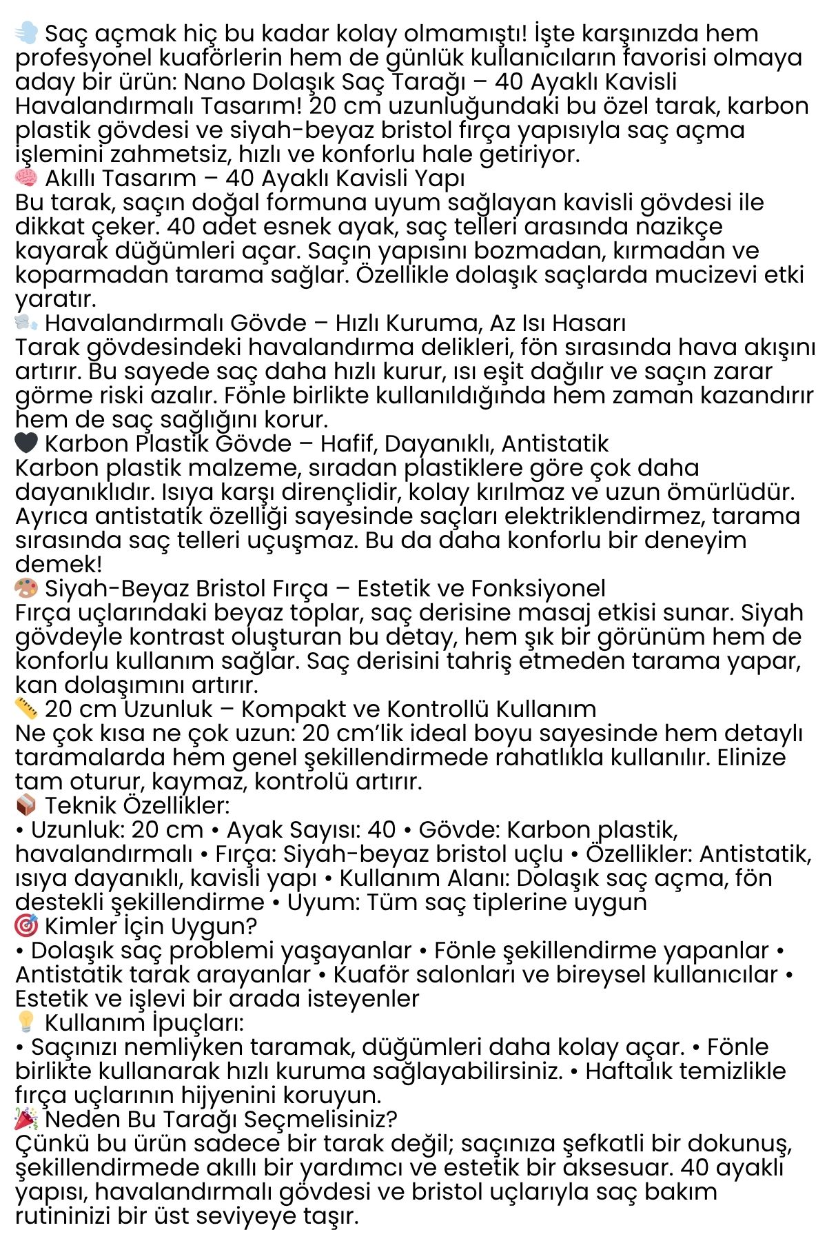 40 Ayak Nano Dolaşık Saç Açıcı Tarak, Karbon Plastik Gövde, Havalandırmalı Tasarım 722302