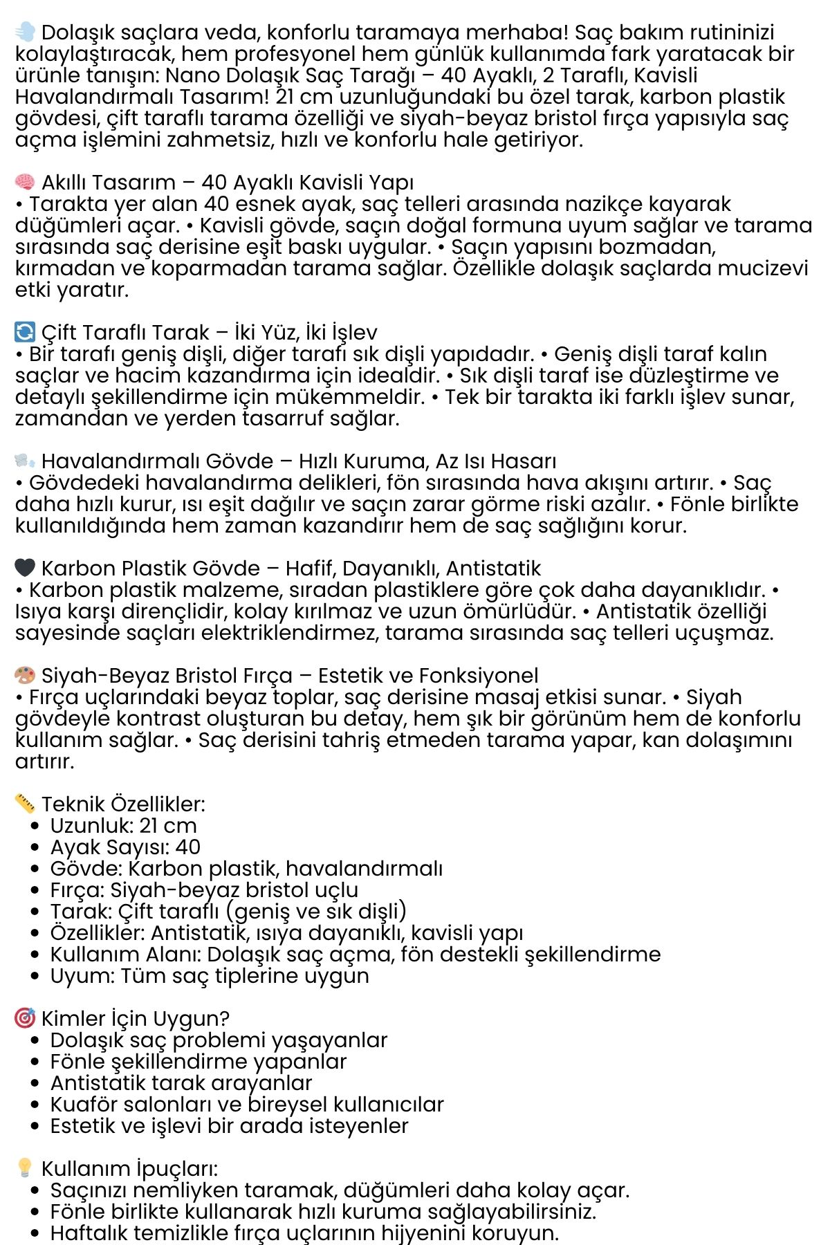 40 Ayak Nano Dolaşık Saç Açıcı 2 yüzeyli Tarak, Karbon Plastik Gövde, Havalandırmalı Tasarım 720345