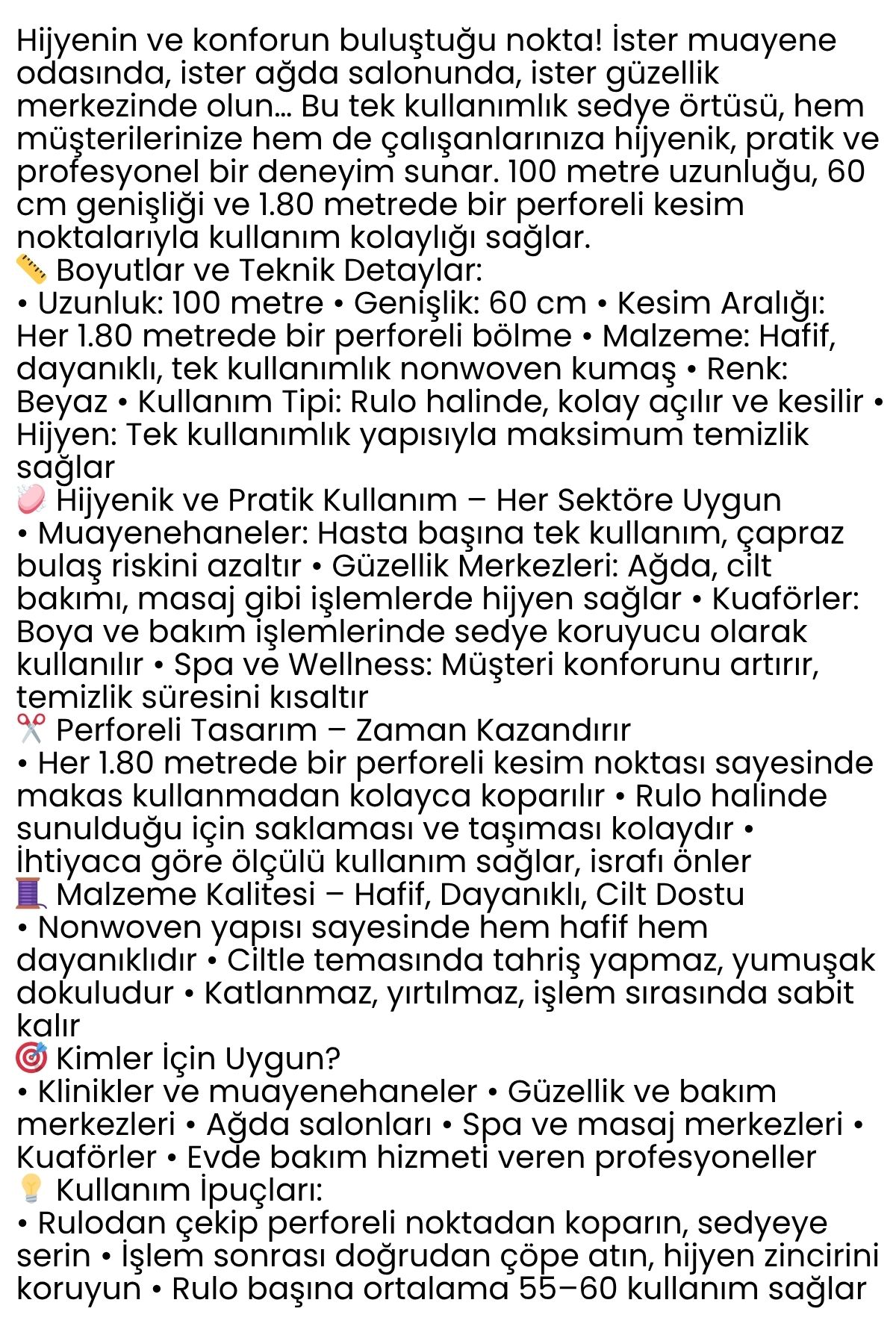 Tek Kullanımlık 60 cm x 100 m 1.80 mt Perforeli Sedye Örtüsü – Muayene ve Güzellik Salonları İçin 722303