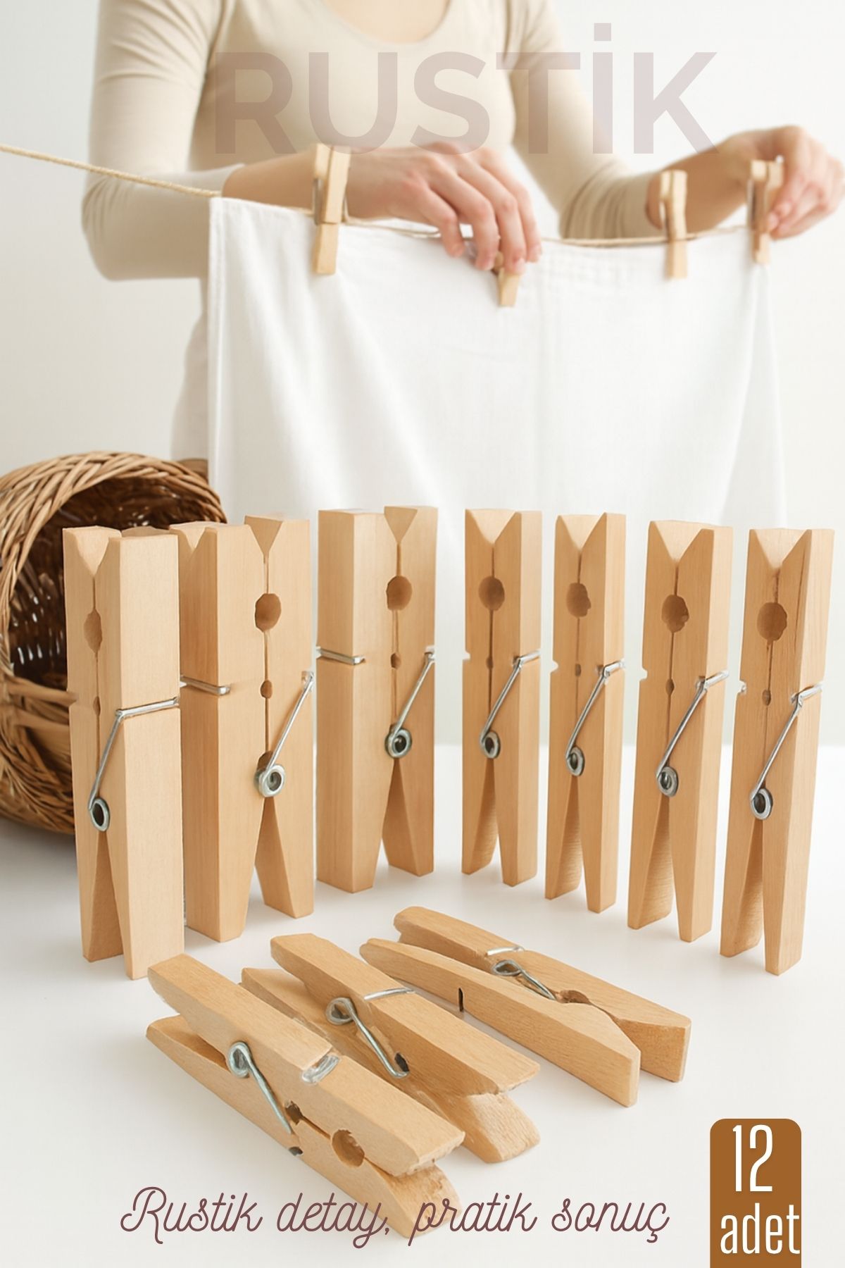 12’li Ahşap Mandal Seti – Doğal Görünümlü, Çok Amaçlı, Dayanıklı Yaylı Tasarım 