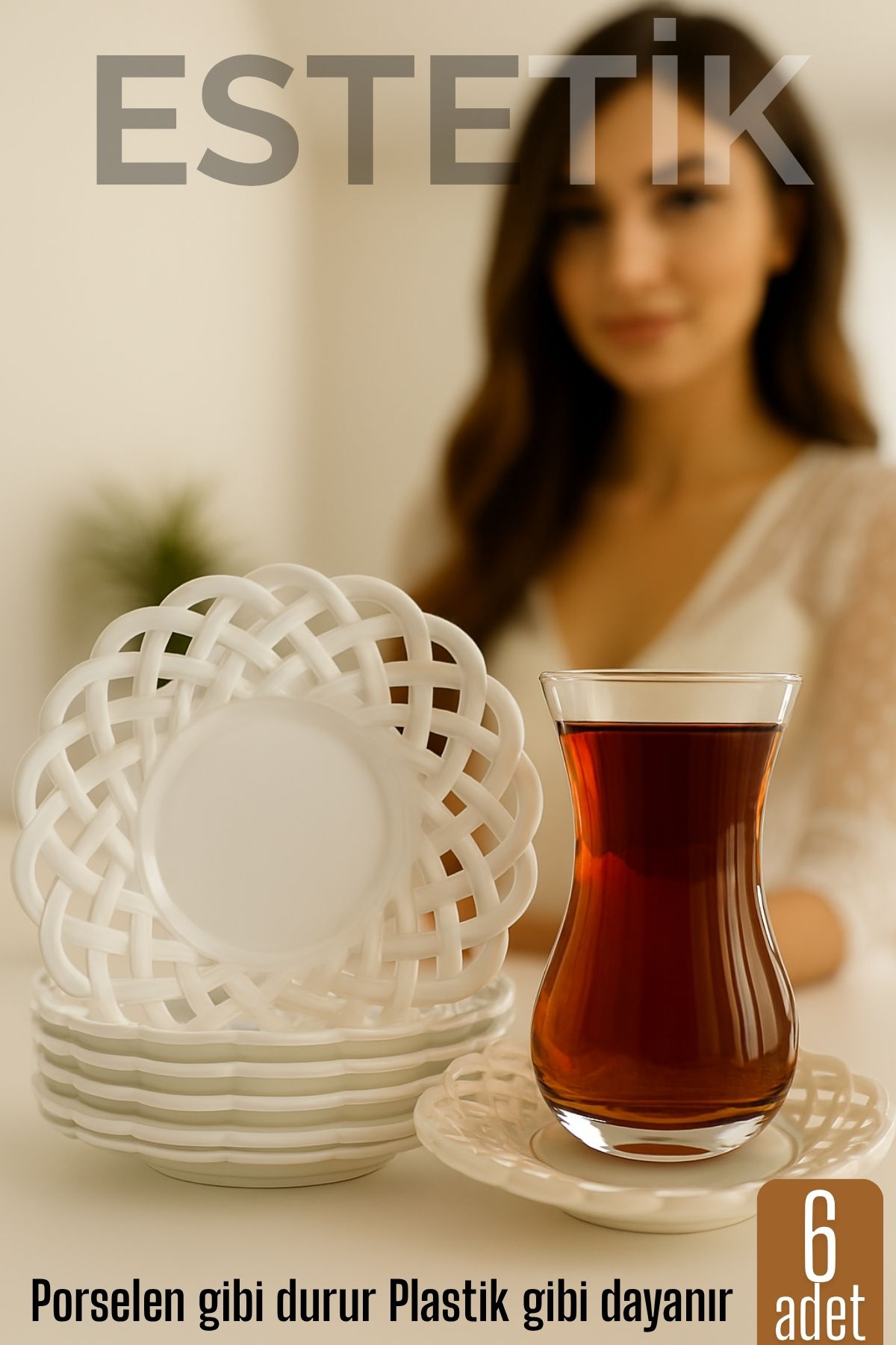 Porselen Görünümlü Plastik Çay Tabağı – 6’lı Set, Hafif, Şık ve Kırılmaz Tasarım 