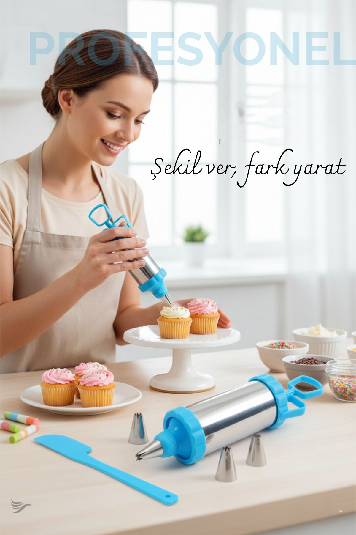 Krema Sıkma Pompası Paslanmaz Çelik – 3 Uçlu, 20 cm, Parti ve Pasta Dekorları İçin Profesyonel Yardımcı 