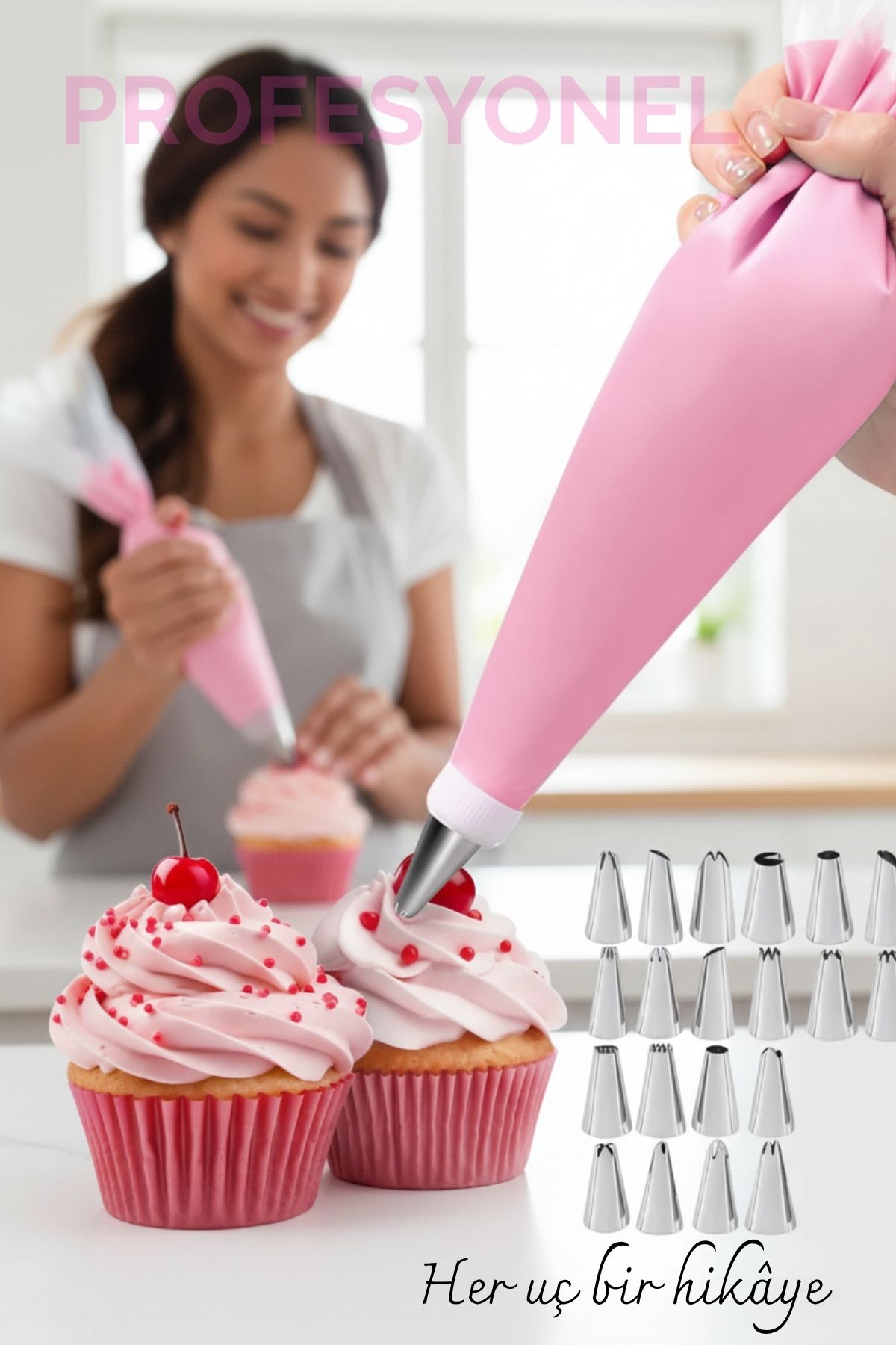20 Uçlu Pasta Süsleme Seti – 2 Krema Torbası, Paslanmaz Uçlar, Profesyonel ve Ev Kullanımı İçin 