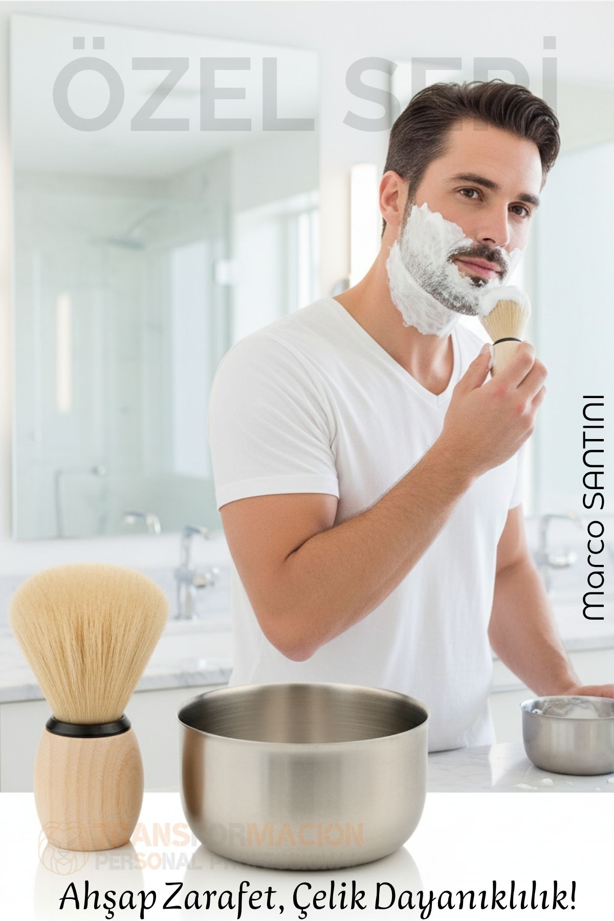 Klasik Tıraş Seti – Ahşap Saplı Fırça & 304 Paslanmaz Çelik Tıraş Tası  