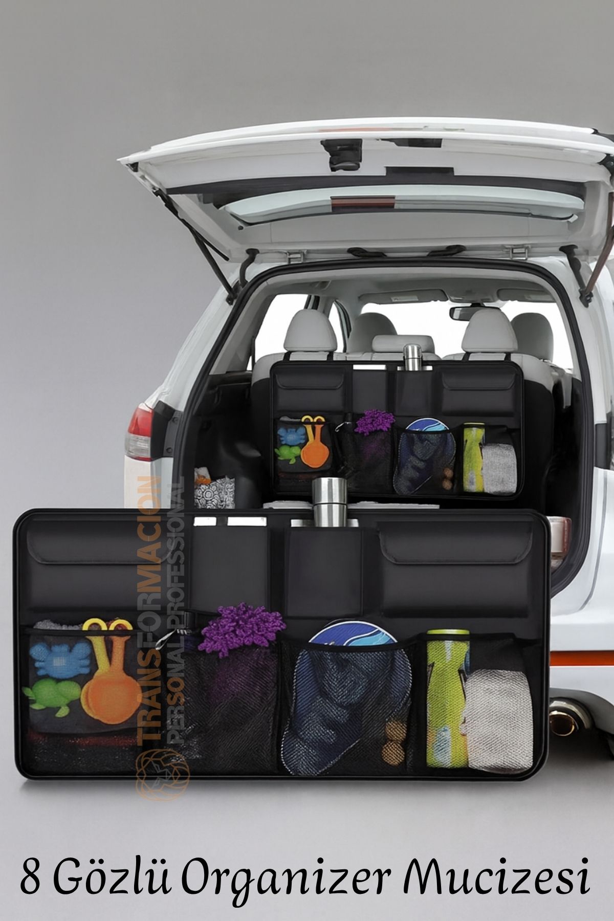 8 Gözlü Araç Koltuk Arkası Organizer – Güçlü Tokalı, Cırtlı, Ayarlanabilir Tasarım 
