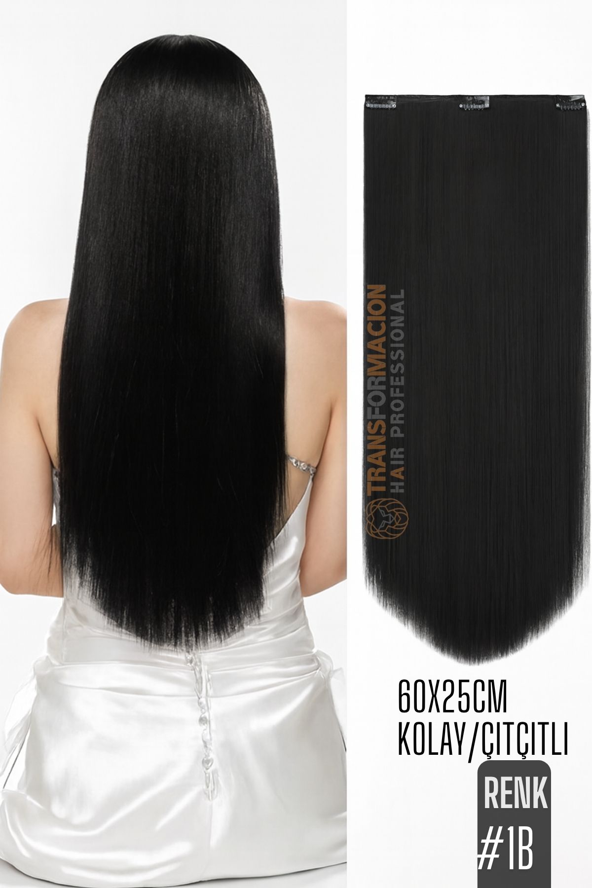 Doğal Görünümlü Düz Siyah Sentetik Kaynak Saç – RENK KOD:#1B  Kolay Tak Çıkar, Işıltılı Etki! 