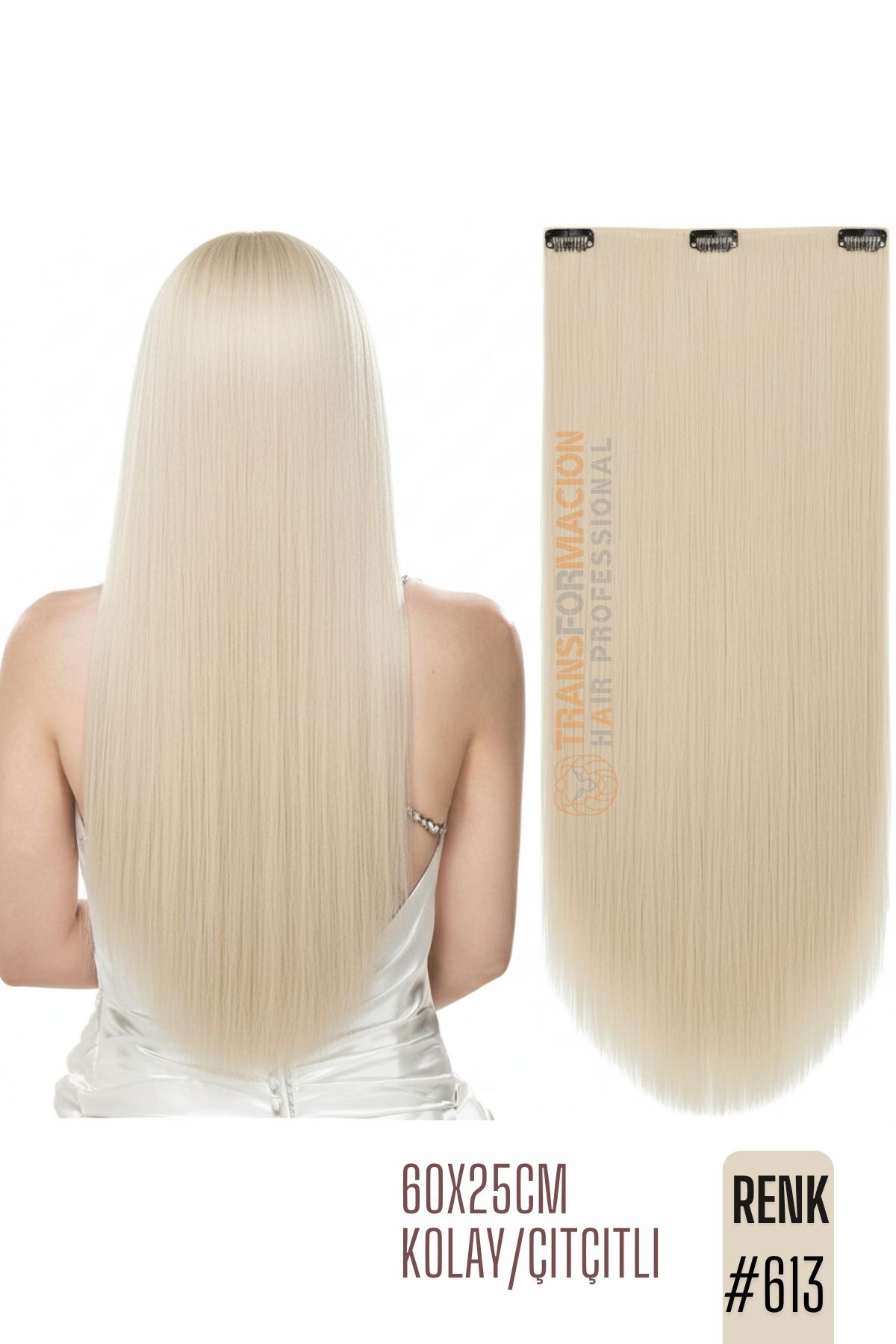 Doğal Görünümlü Düz Siyah Sentetik Kaynak Saç – RENK KOD:#613  Kolay Tak Çıkar, Işıltılı Etki! 