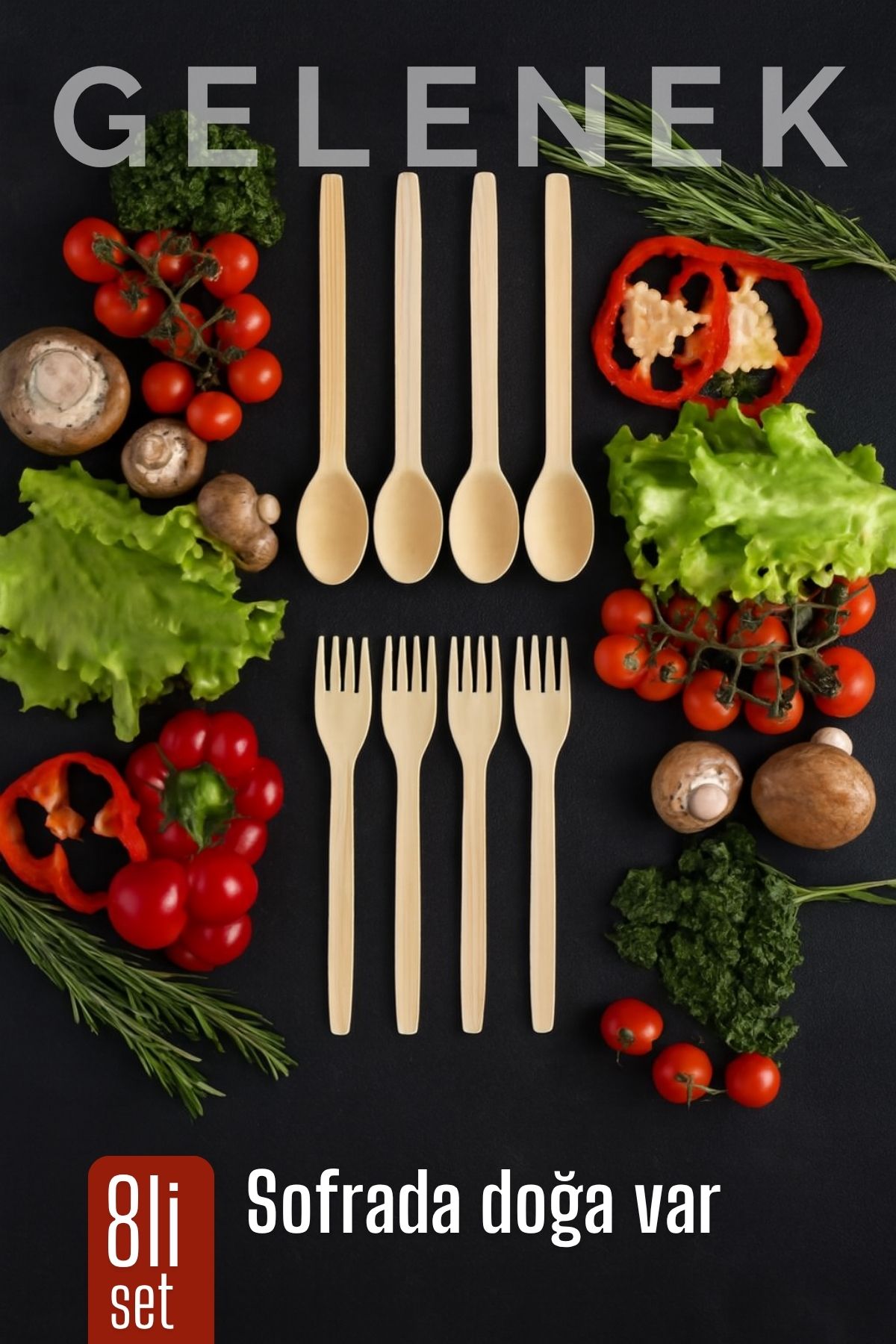 Doğal Gürgen Ağacı Kaşık & Çatal Seti – 8’li, 27 cm Kaşık / 25 cm Çatal 