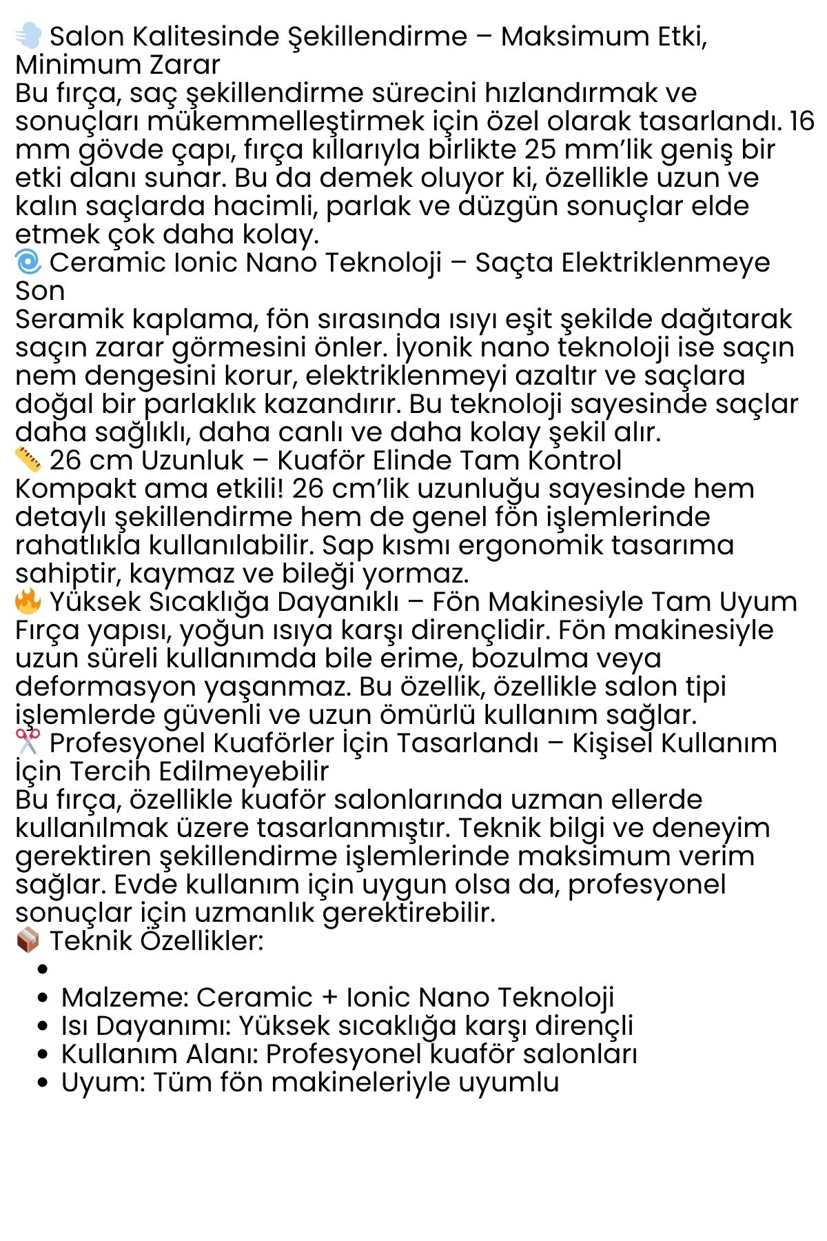 Profesyonel Kuaför 25 mm Ceramic Ionic Nano Fön Fırçası – 26 cm Uzunluk, Profesyonel Kuaför Serisi 722326