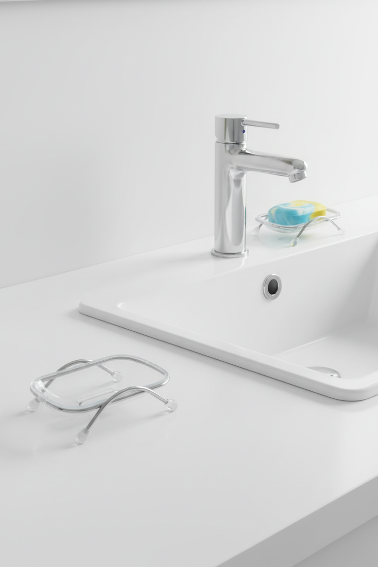 Ayaklı Sabunluk – Su Giderli, Şeffaf Tasarım, 12 x 9 cm, Tezgah Üstü Kullanım 722346