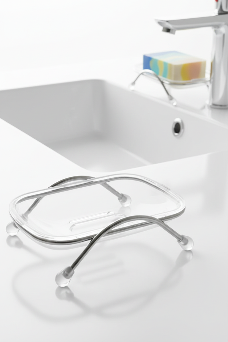 Ayaklı Sabunluk – Su Giderli, Şeffaf Tasarım, 12 x 9 cm, Tezgah Üstü Kullanım 722346