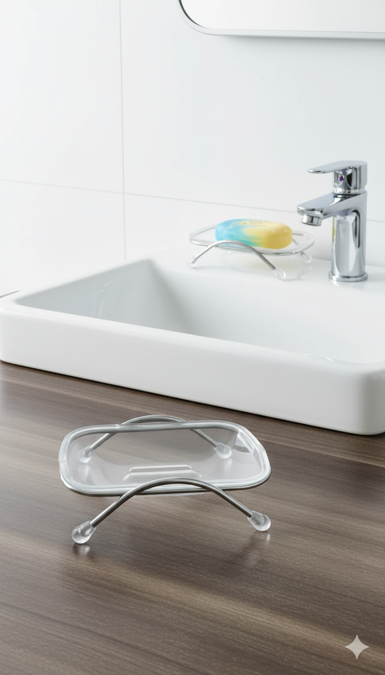 Ayaklı Sabunluk – Su Giderli, Şeffaf Tasarım, 12 x 9 cm, Tezgah Üstü Kullanım 722346