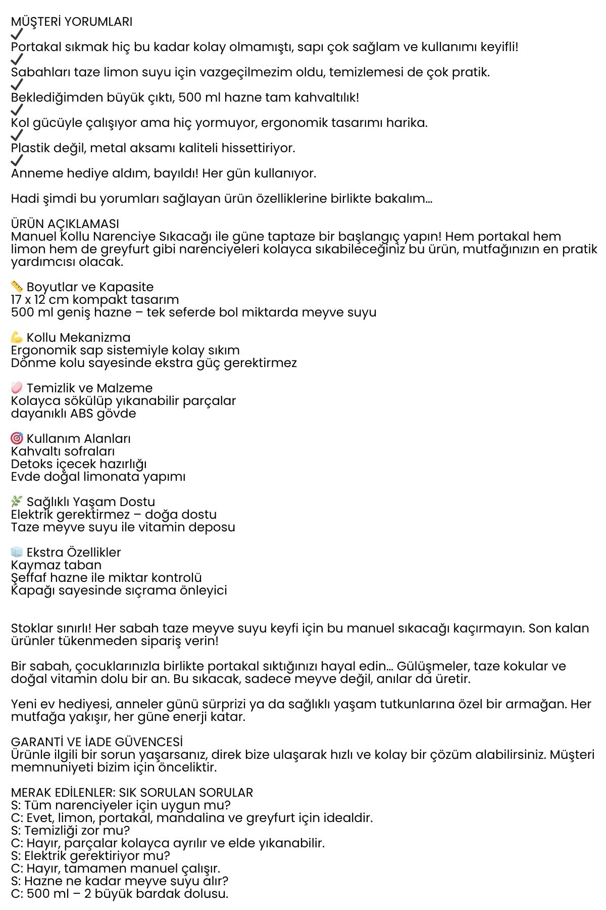 Manuel Kollu Narenciye Sıkacağı – 500 ml Kapasiteli, 17x12 cm, Pratik ve Dayanıklı 722357