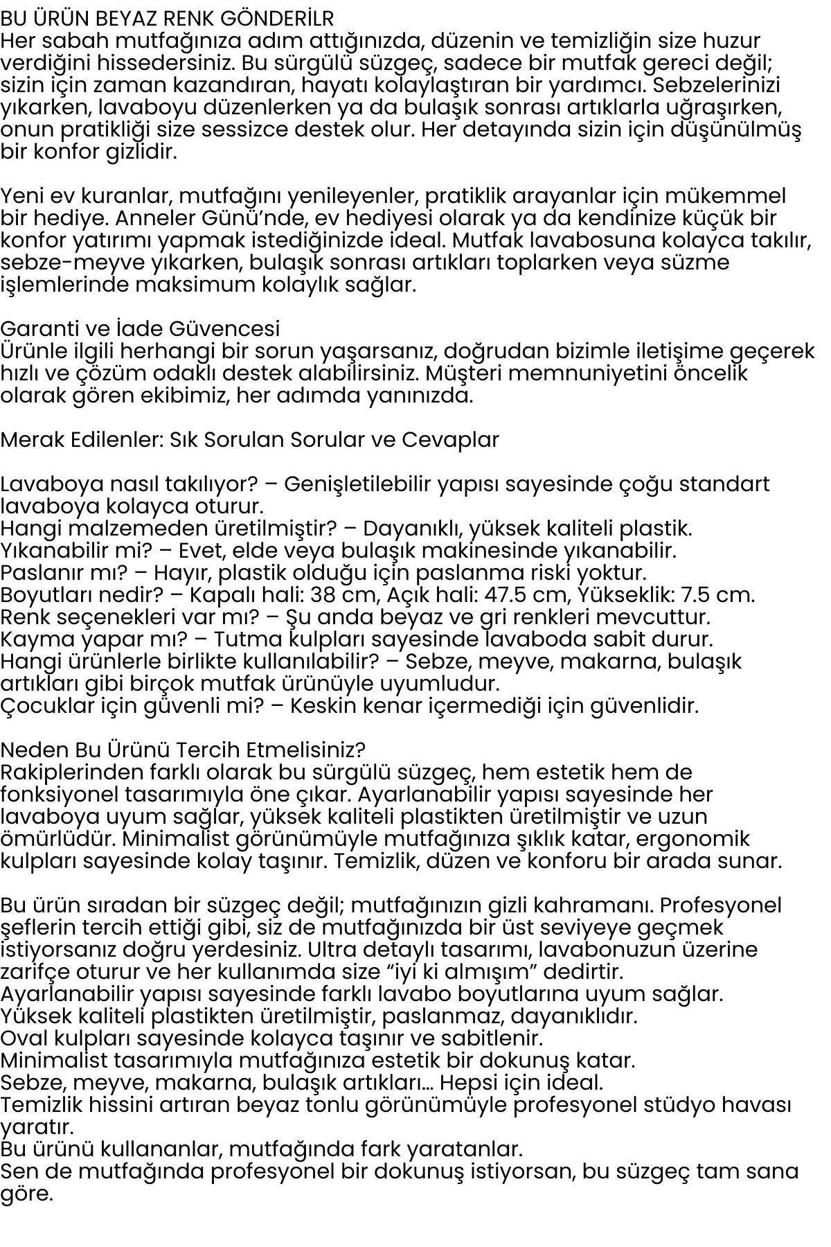 Ayarlanabilir Sürgülü Lavabo Süzgeci – Mutfak için Pratik ve Şık Tasarım BEYAZ 722438