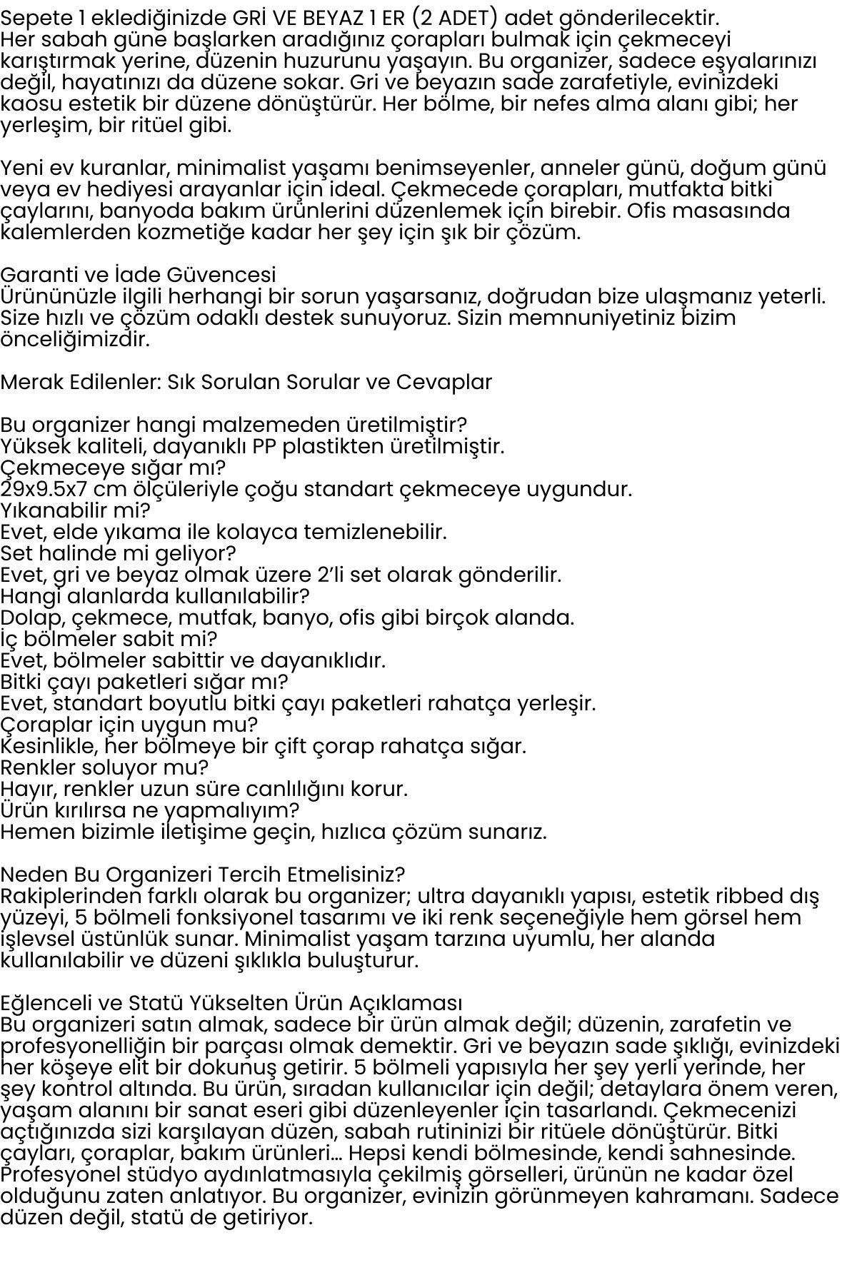 5 Bölmeli Dolap ve Çekmece İçi 2’li Set Organizer Kutusu (Gri & Beyaz) 722440