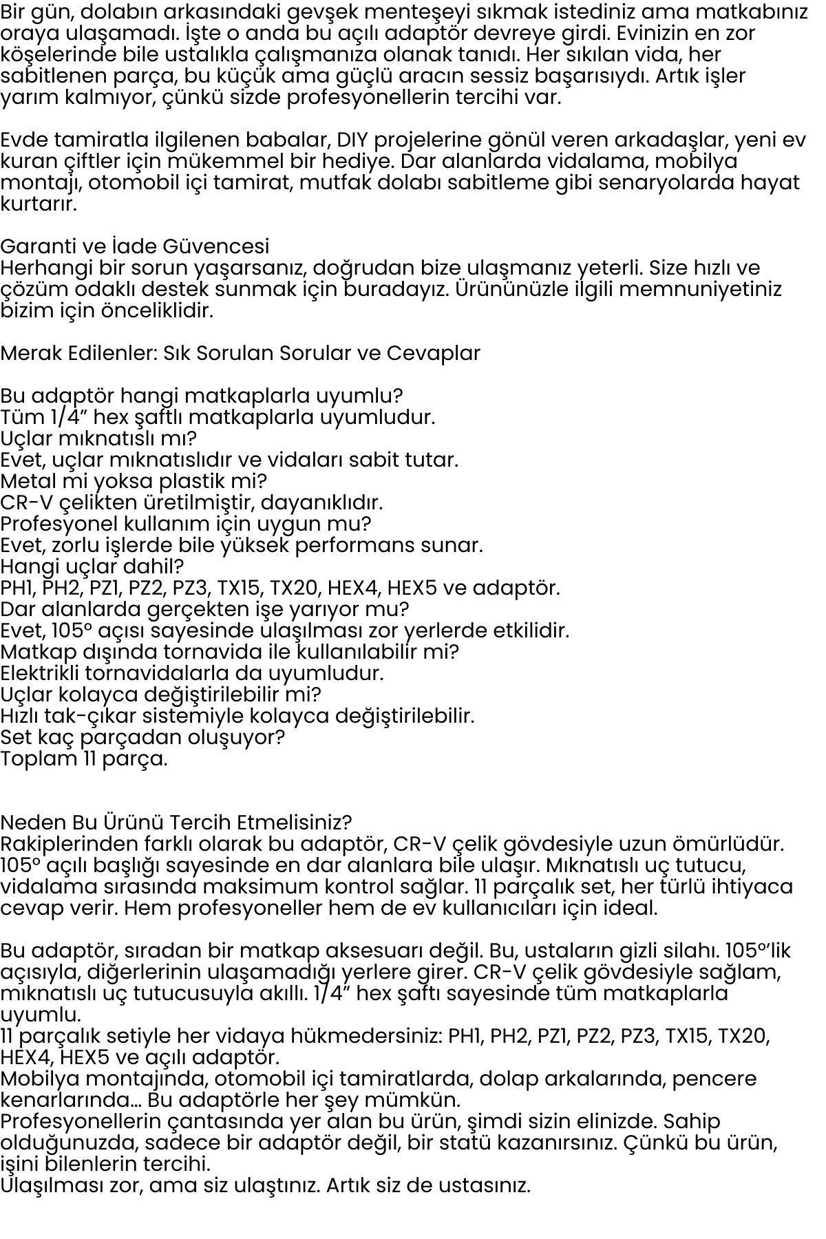 105° Açılı Matkap Adaptörü Seti – 1/4” Hex Şaftlı, 11 Parça Çok Fonksiyonlu Vidalama Uçları 722452
