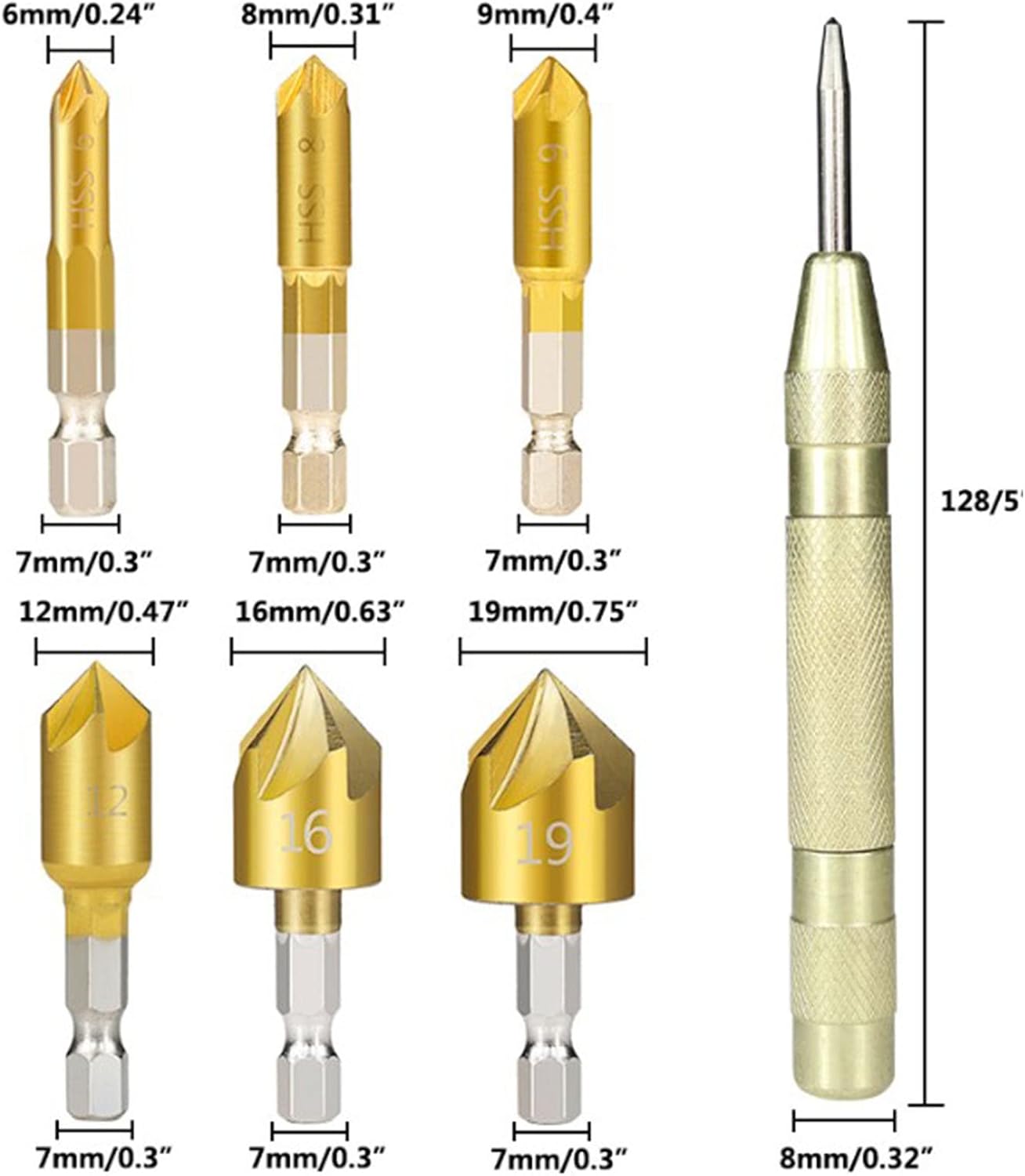 7'li HSS Titanyum Kaplı Kılavuz ve Havşa Matkap Ucu Seti + Otomatik Zımba 722454