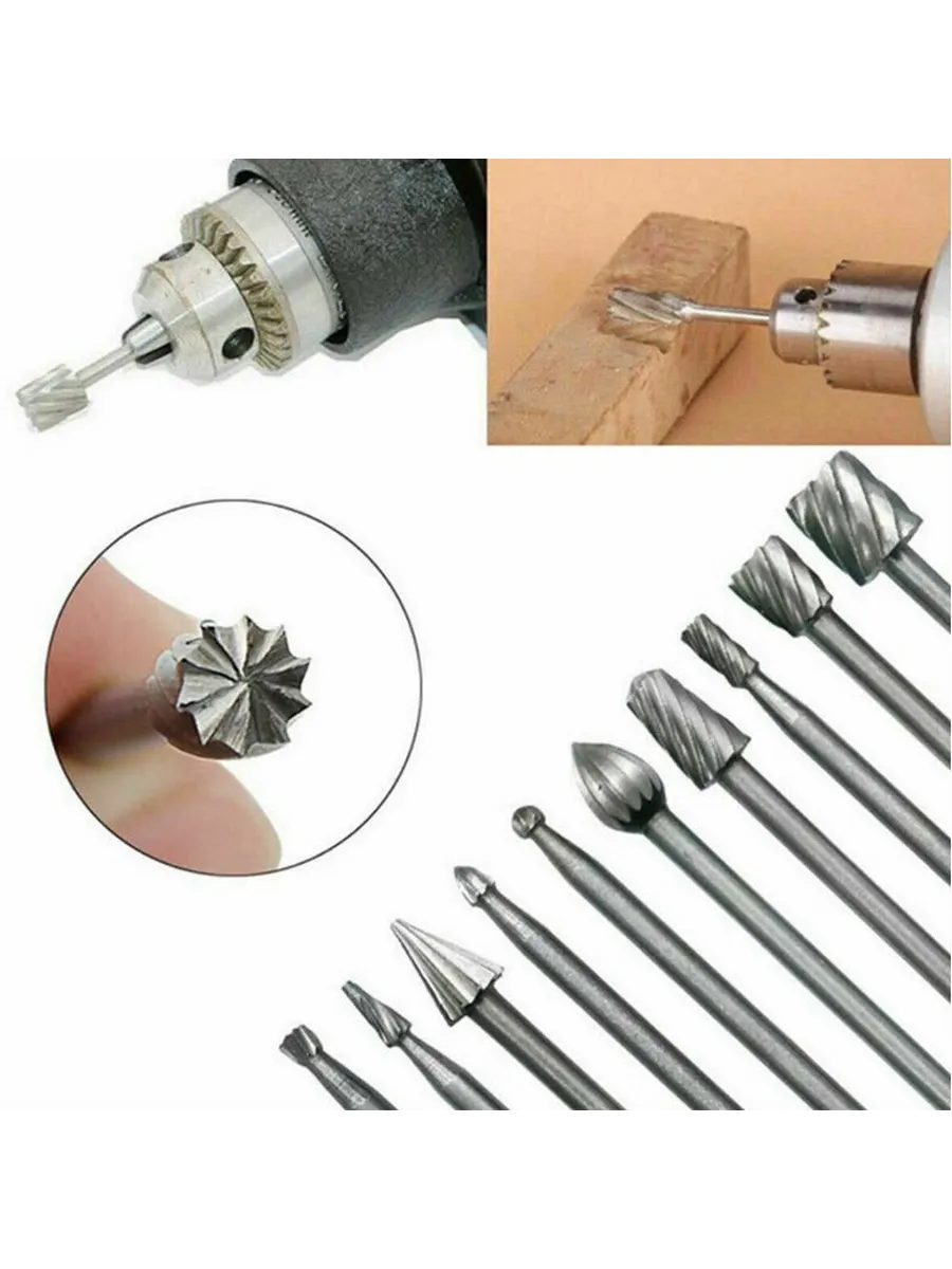 Dremel Uyumlu Mini Oyma Gravür Uç Seti – 10'lu Tungsten Karbür, Ahşap/Metal/Plastik için 722462