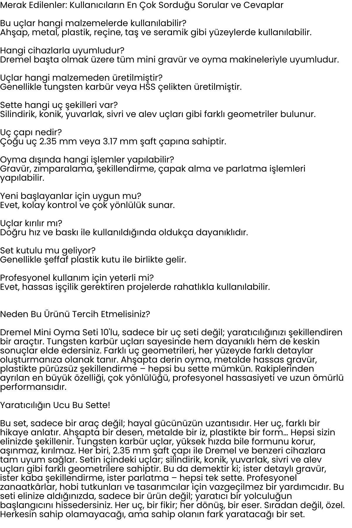 Dremel Uyumlu Mini Oyma Gravür Uç Seti – 10'lu Tungsten Karbür, Ahşap/Metal/Plastik için 722462