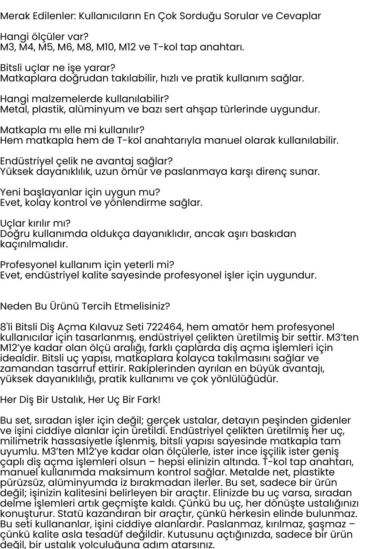 8 li Diş Açma Kılavuz Seti –Endüstriyel Çelik, M3-M12 Arası Dişli Matkap Ucu 722464