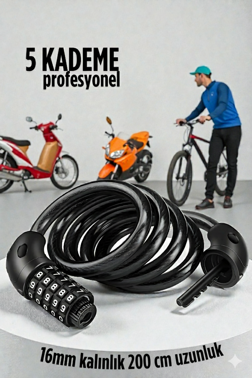  Şifreli Bisiklet Kilidi 16 mm Kalınlık 200 cm Scooter Motosiklet Kilidi - Çelik Kablo 722481