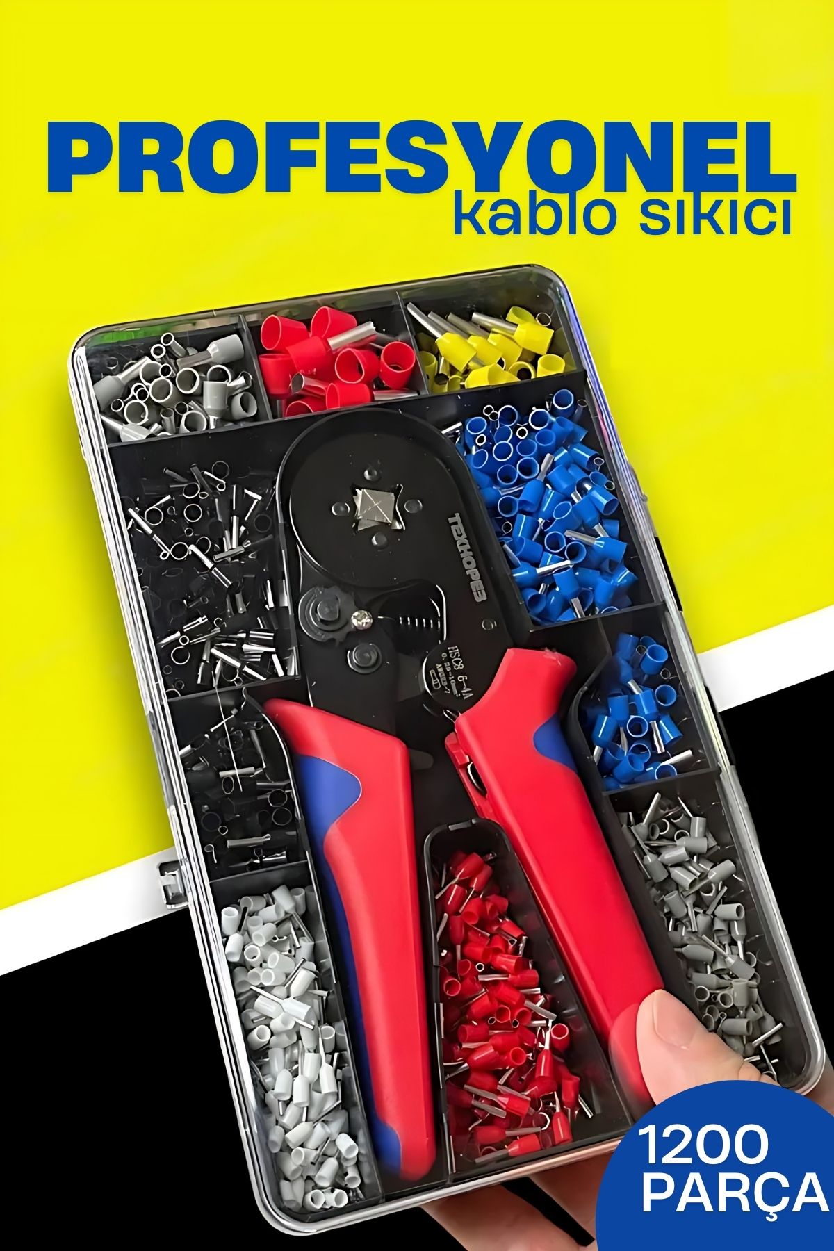 Terminal Sıkma Pensesi + Yüksük Sıkma Pensesi 1200 Parça Kablo Pabucu Seti HSC8 6-4A 722484 