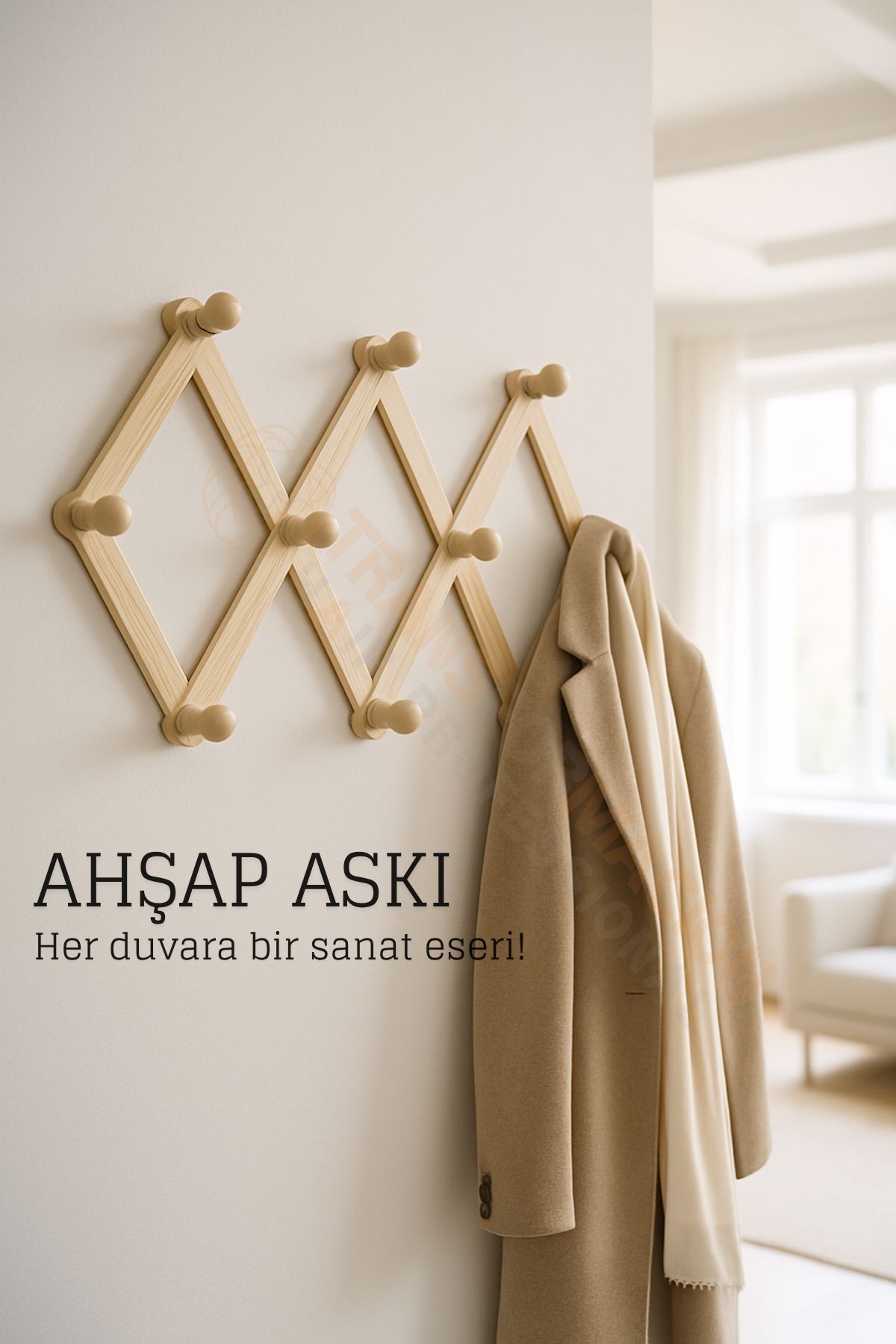 Ahşap Akordeon Duvar Askısı - Dekoratif, Çok Amaçlı, 10 Kancalı Akıllı Askılık 