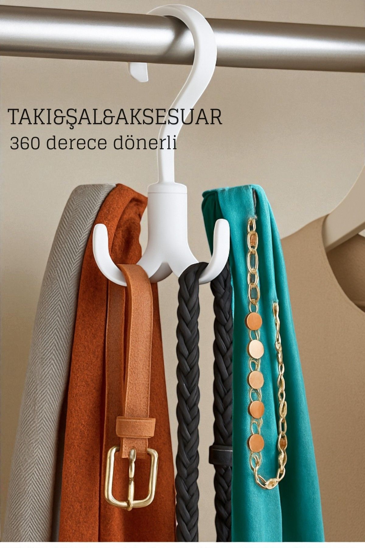 360° Dönerli Kancalı Çok Amaçlı Askı - Dolap İçi Düzenleyici Takı Askısı Şal Askısı 