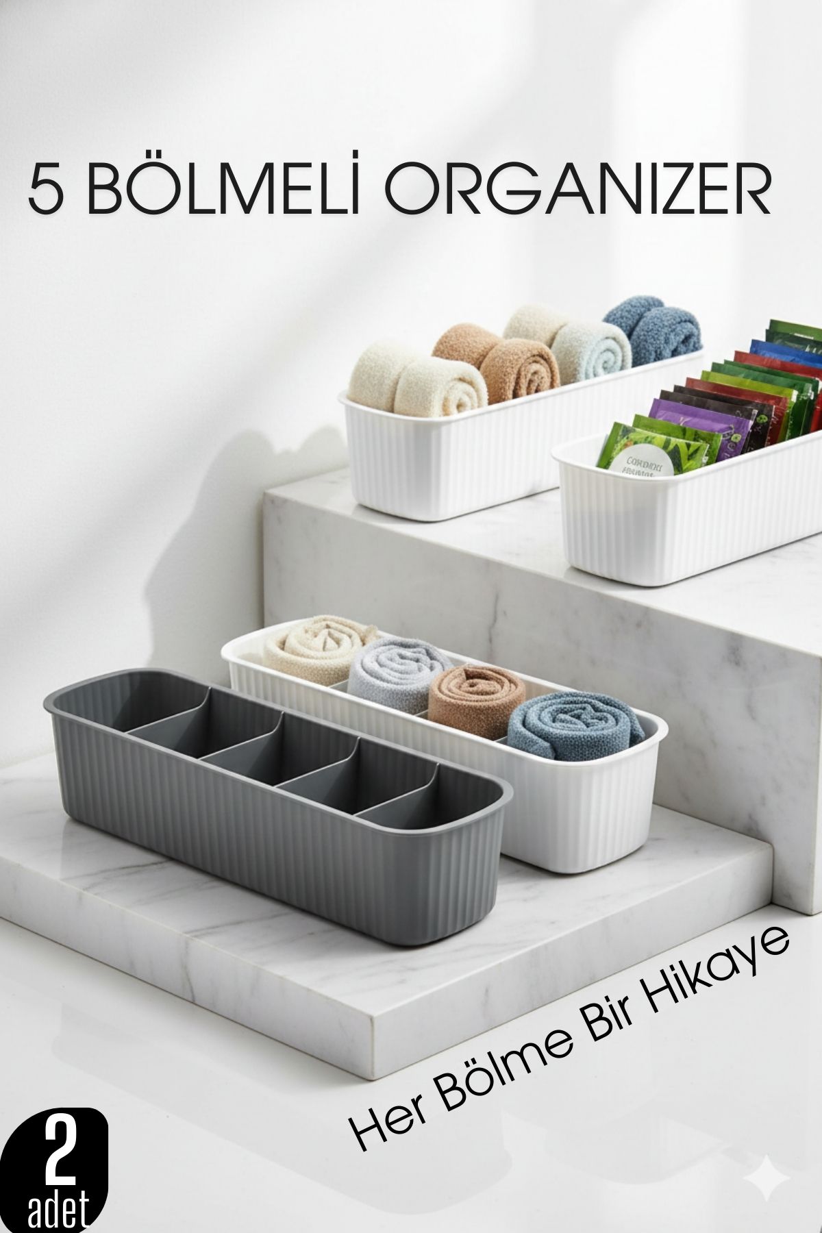 5 Bölmeli Dolap ve Çekmece İçi 2’li Set Organizer Kutusu (Gri & Beyaz) 
