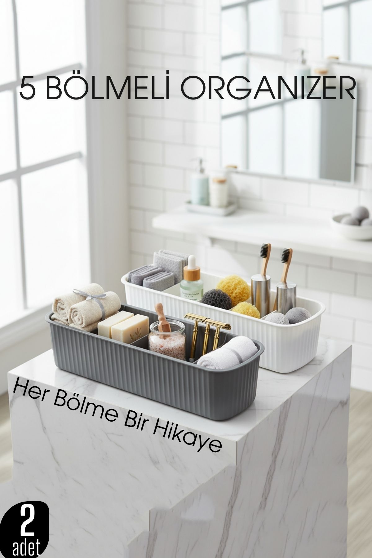 5 Bölmeli Banyo ve Makyaj Organizer Kutusu Gri & Beyaz 2’li Set  Tezgah Üstü Düzenleyici 