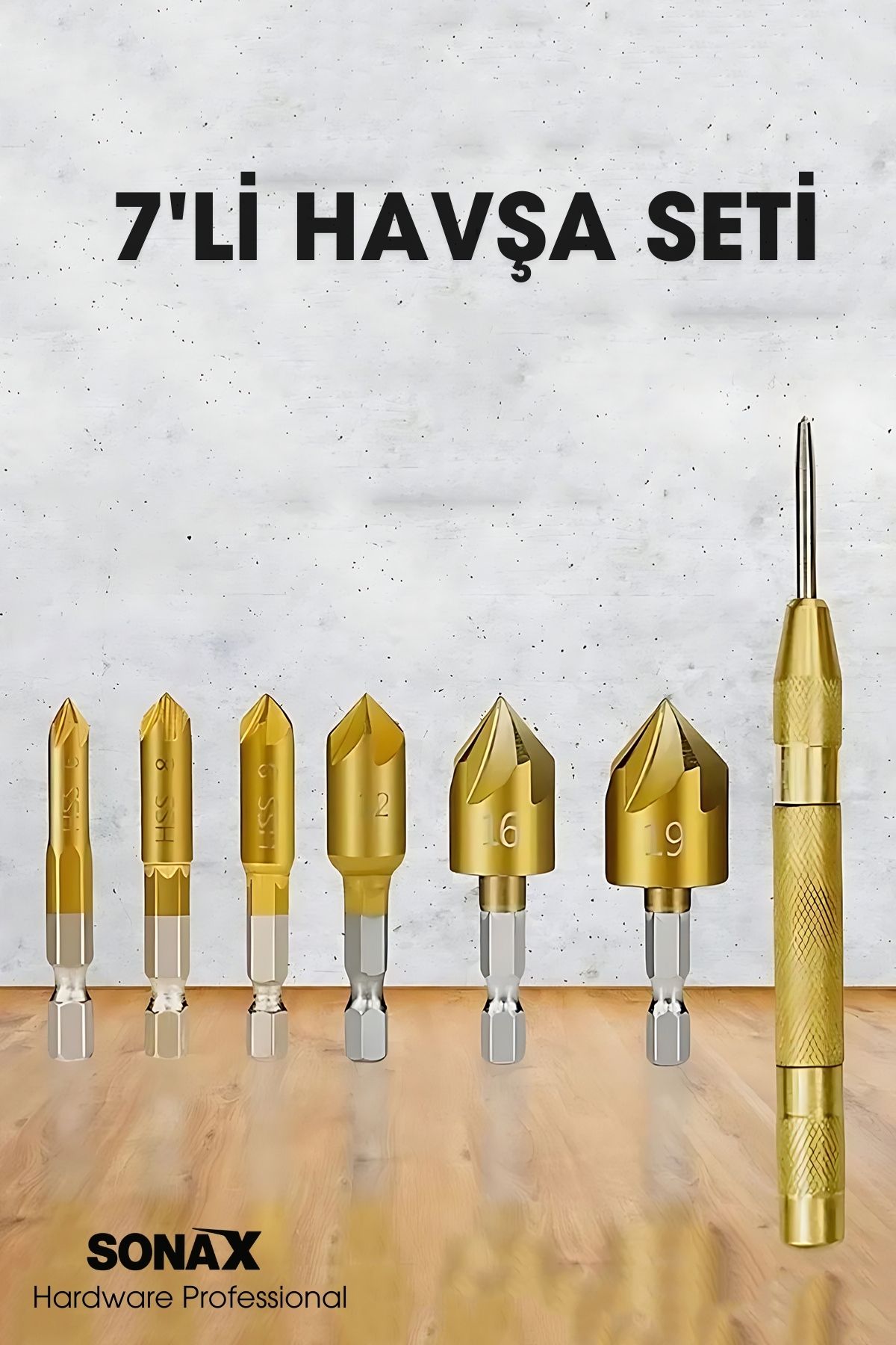 7'li HSS Titanyum Kaplı Kılavuz ve Havşa Matkap Ucu Seti + Otomatik Zımba 