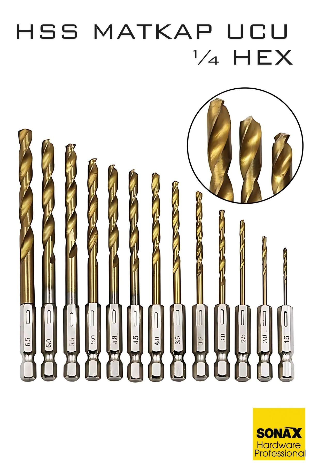 HSS Matkap Ucu 1/4 HEX  13 Parça HSS Tungsten Karbür Matkap Uç 1.5-6.5mm Titanyum 