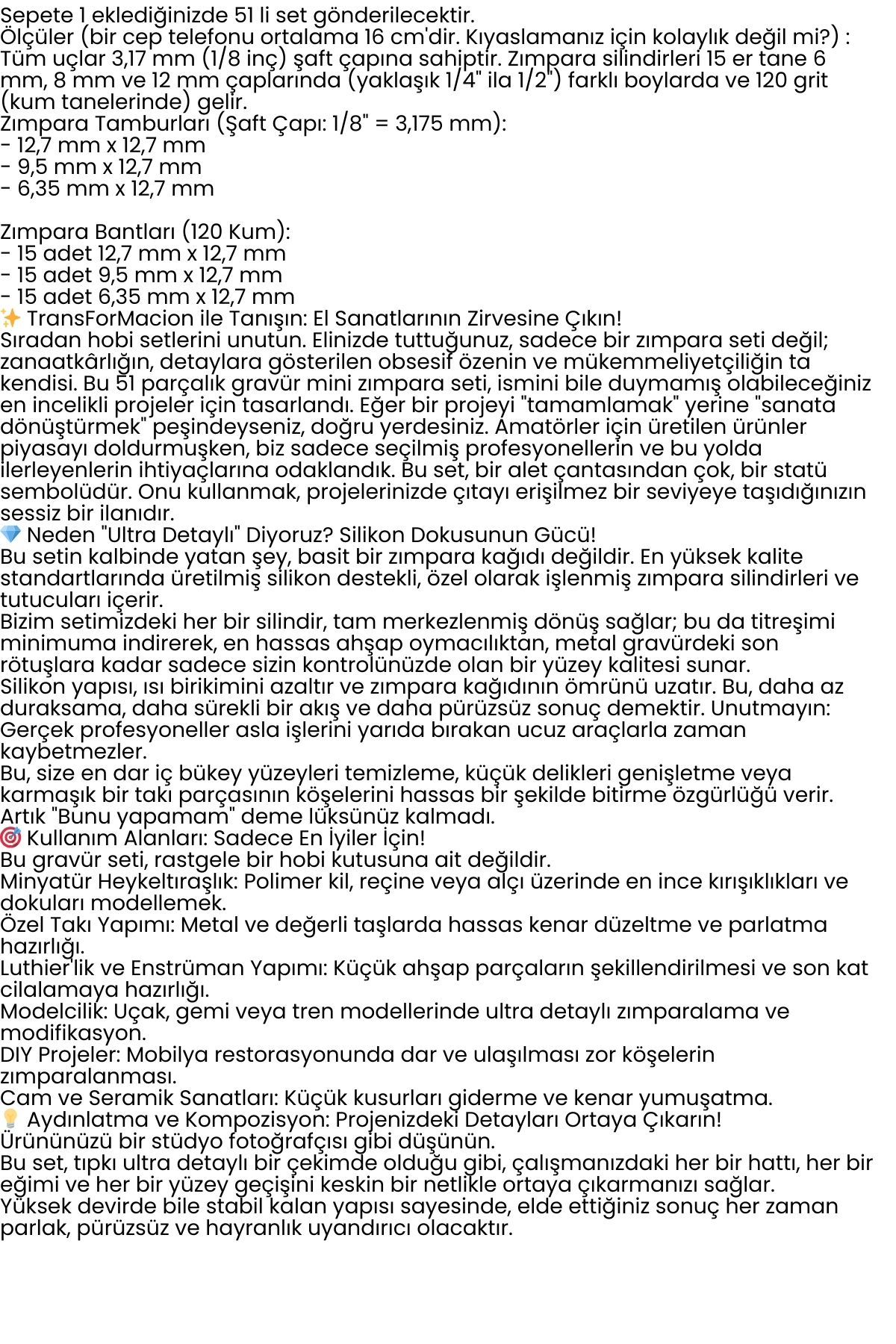 51'li Mini Zımpara Gravür Seti Dremel Ucu: Profesyonel Taşlama, Parlatma ve Şekillendirme Aleti 722510