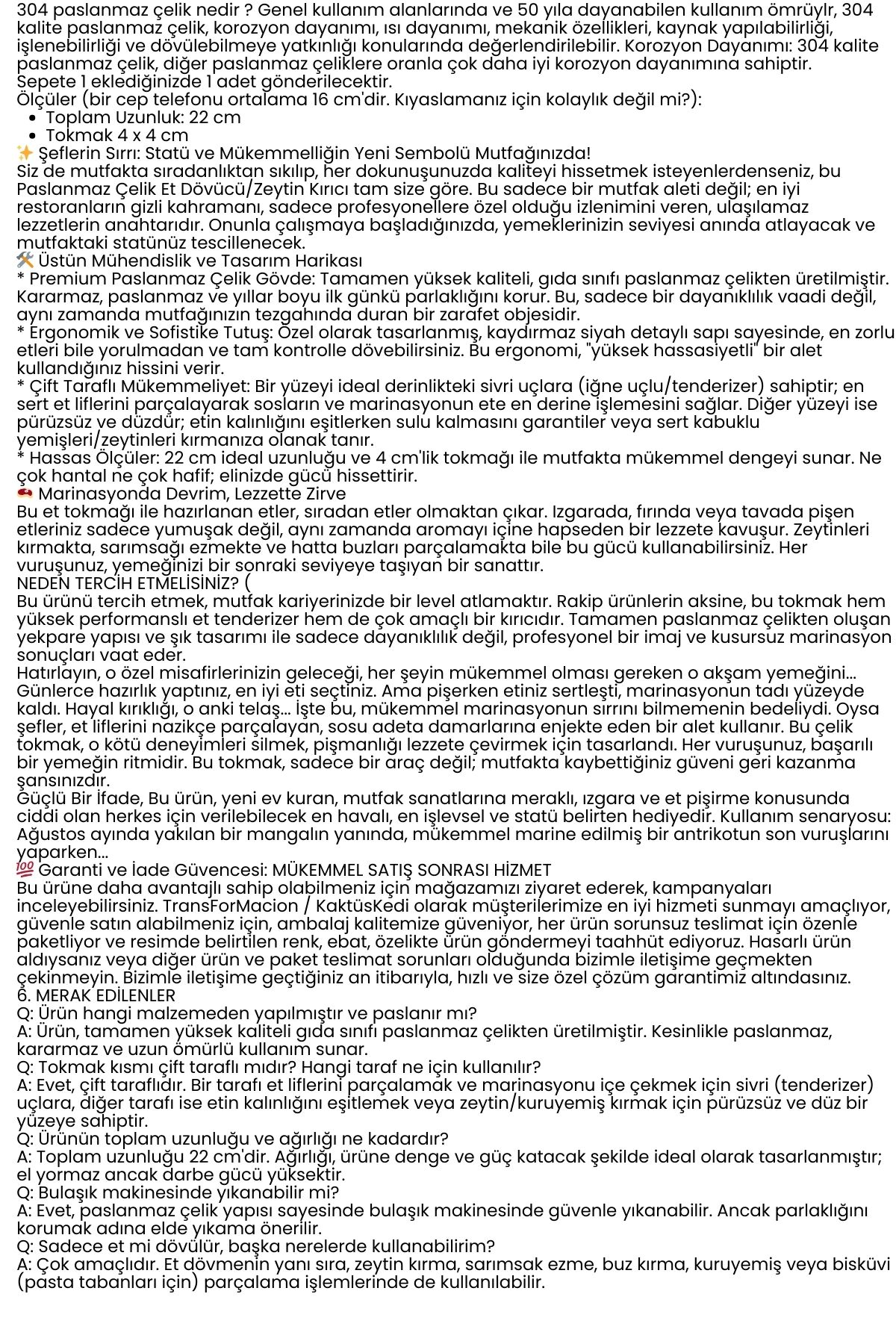 Et Dövücü Tokmağı Profesyonel Paslanmaz Çelik Marinasyon Çekici & Zeytin Kırıcı - 22 cm 722520