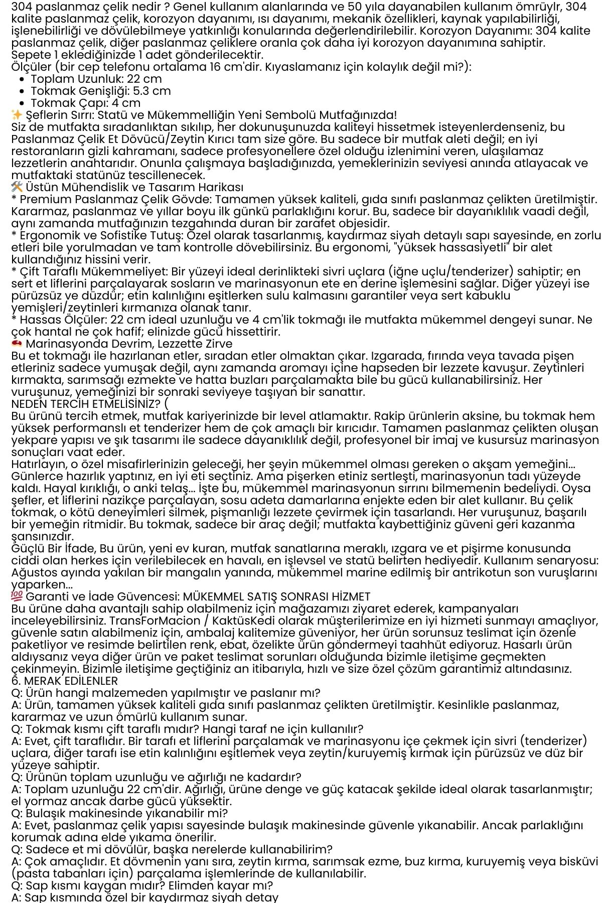 Et Dövücü Tokmağı Profesyonel Paslanmaz Çelik Marinasyon Çekici & Zeytin Kırıcı - 22 cm 722521