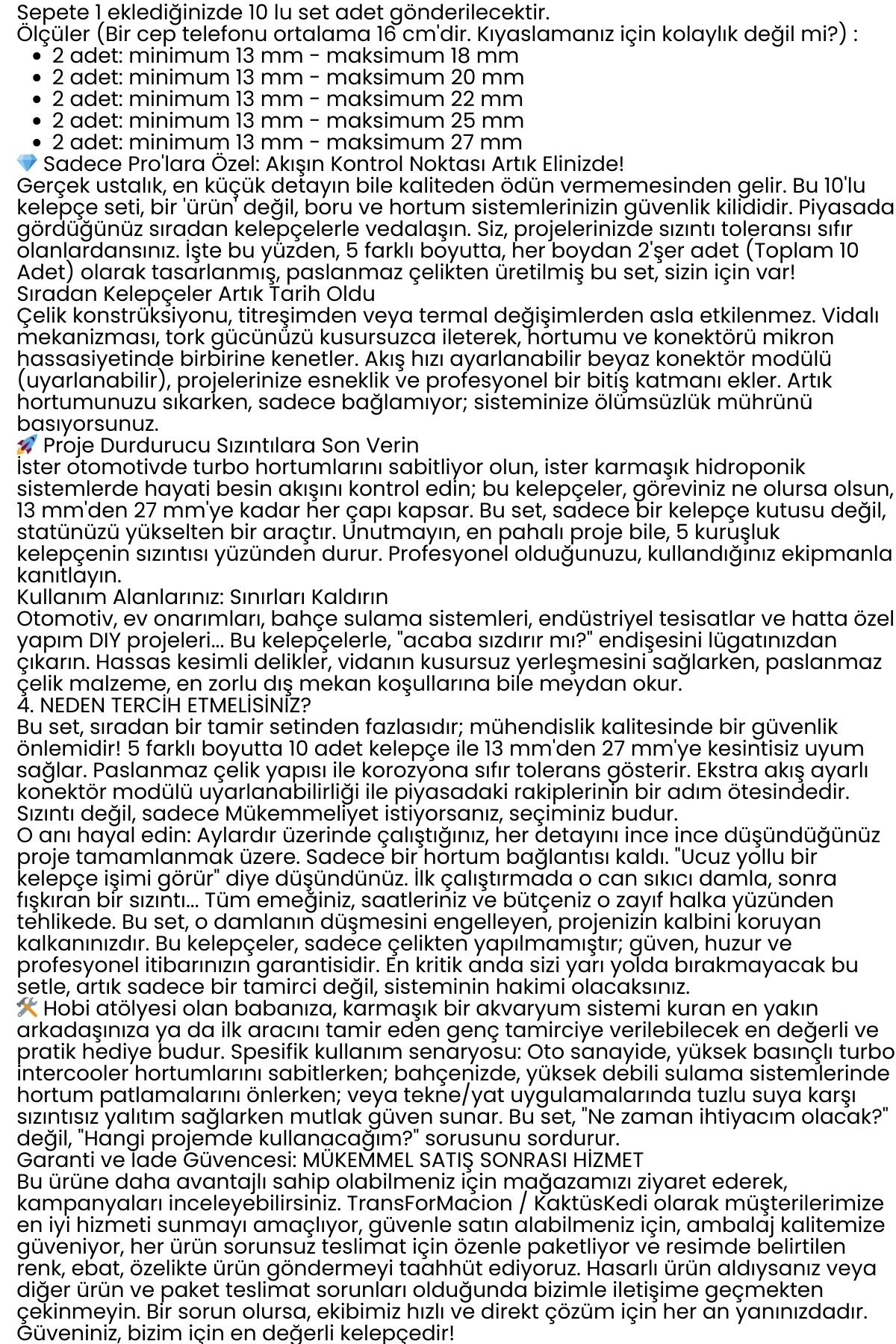   10'lu Hortum Kelepçesi Seti | 5 Boy Çelik Ayarlanabilir Vidalı Kelepçe | 13-27mm  722526