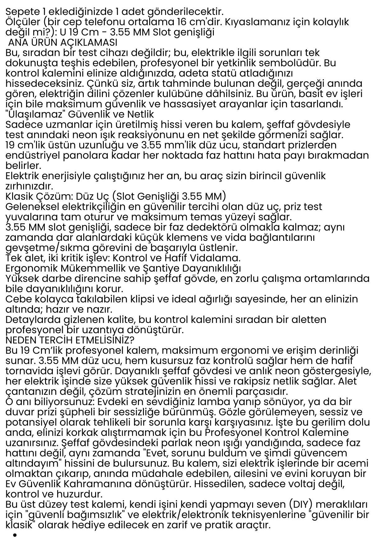 Düz Uçlu Elektrik Kontrol Kalemi Faz Test Cihazı Voltaj Kontrol Anahtarı 716134