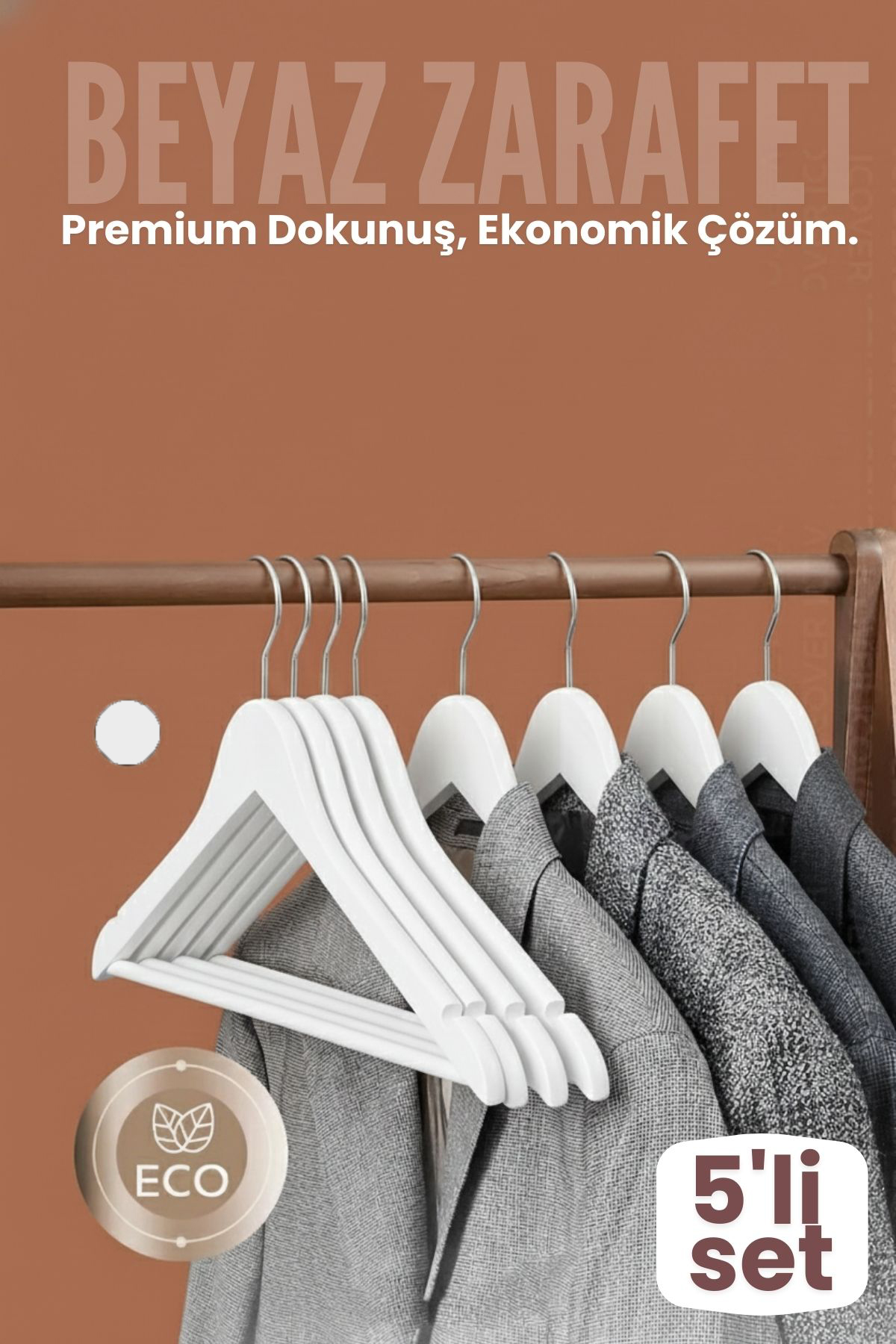 5'li Lüks Beyaz Elbise Ceket Askısı - Ergonomik & Kaymaz Plastik Askı Seti -  Ahşap Görünümlü 722530