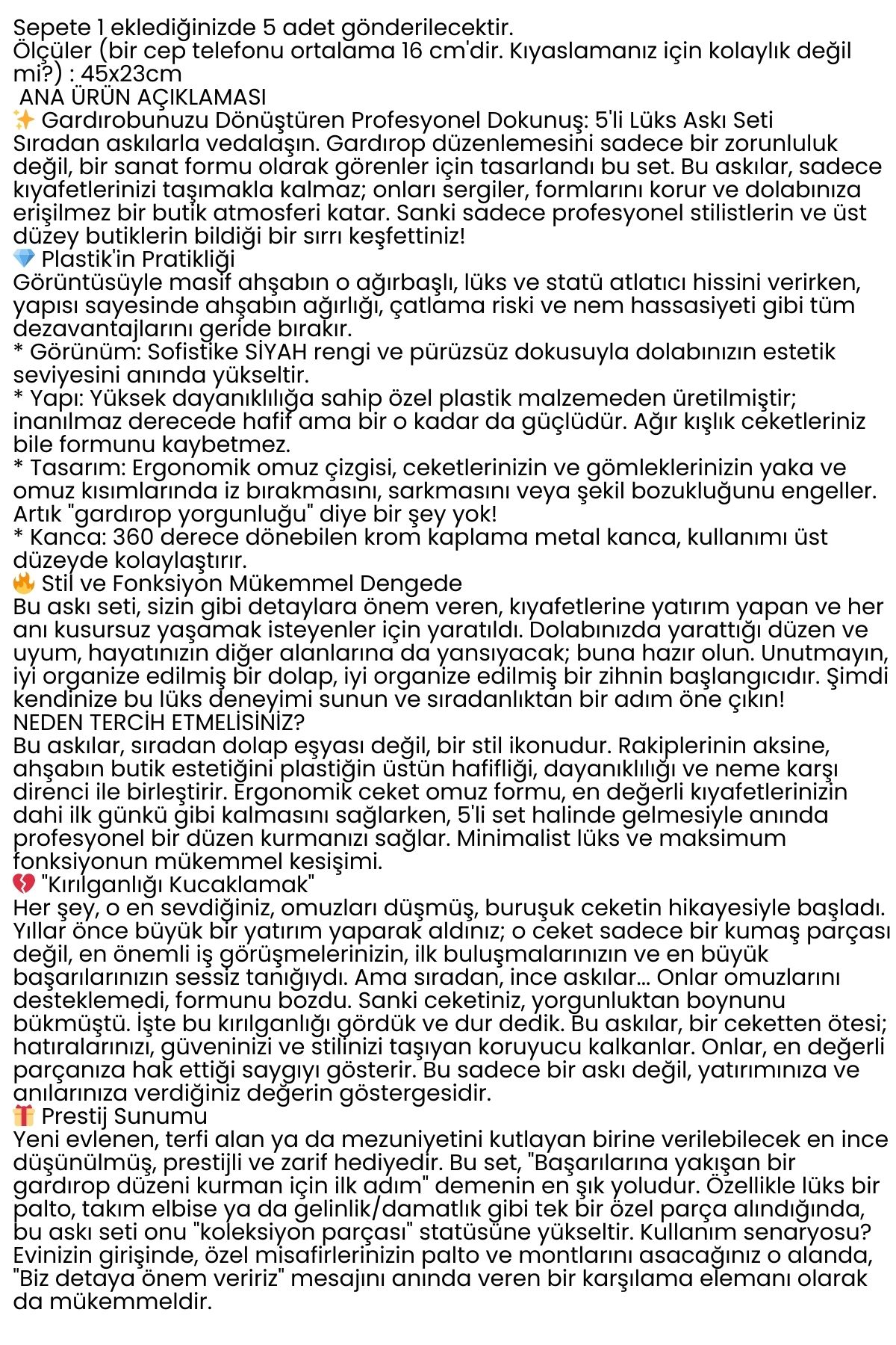 5'li Lüks Siyah Elbise Ceket Askısı - Ergonomik & Kaymaz Plastik Askı Seti -  Ahşap Görünümlü 722532