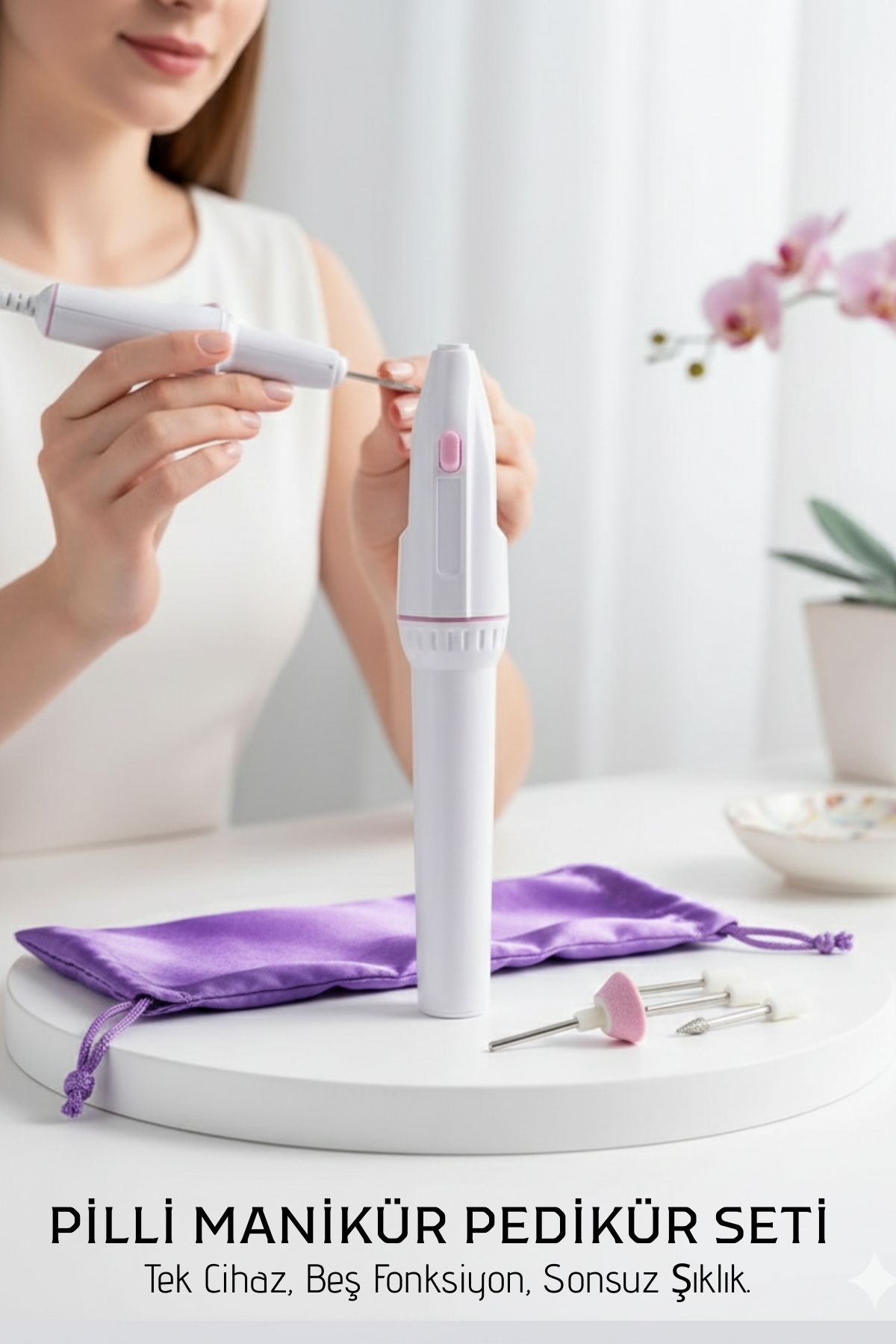 Profesyonel 5 Başlıklı Pilli Manikür Pedikür Seti - Güçlü Motorlu Tırnak Törpü ve Parlatıcı Bakım Kiti 721510