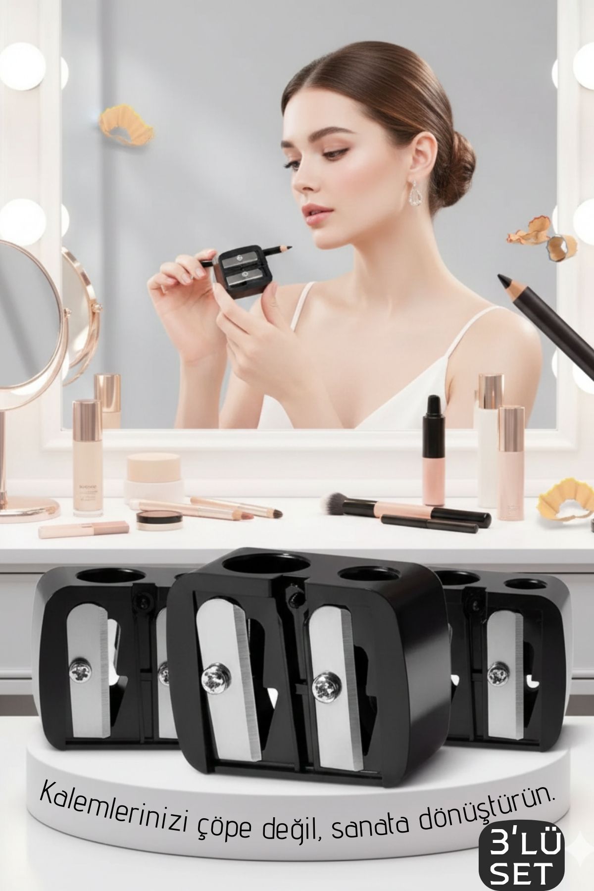 3'lü Profesyonel Çift Bıçaklı Makyaj Kalemi Açacağı - Alman Çeliği Keskinliği & Şeffaf Hazneli 722565