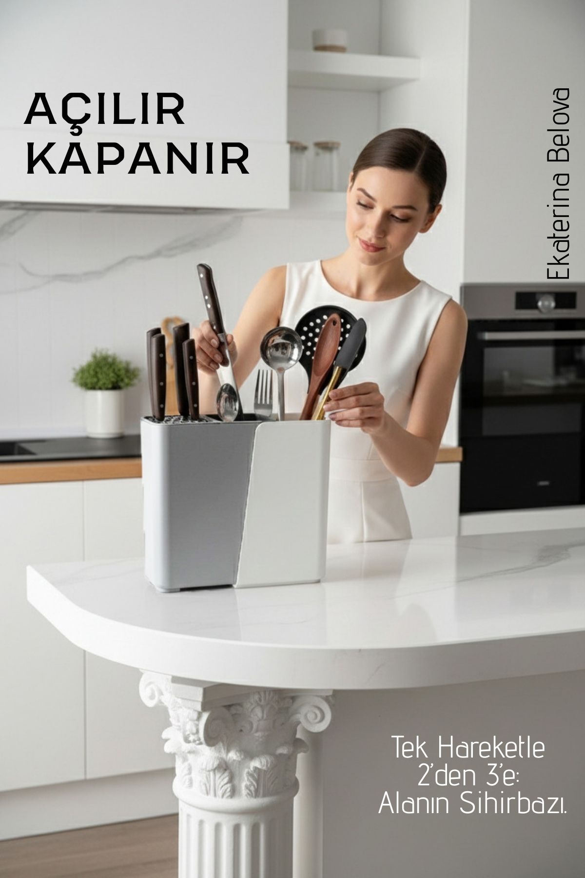 Akıllı Sürgülü Bıçaklık ve Kaşıklık Organizeri - Ayarlanabilir Tezgah Üstü Mutfak Düzenleyici 722571