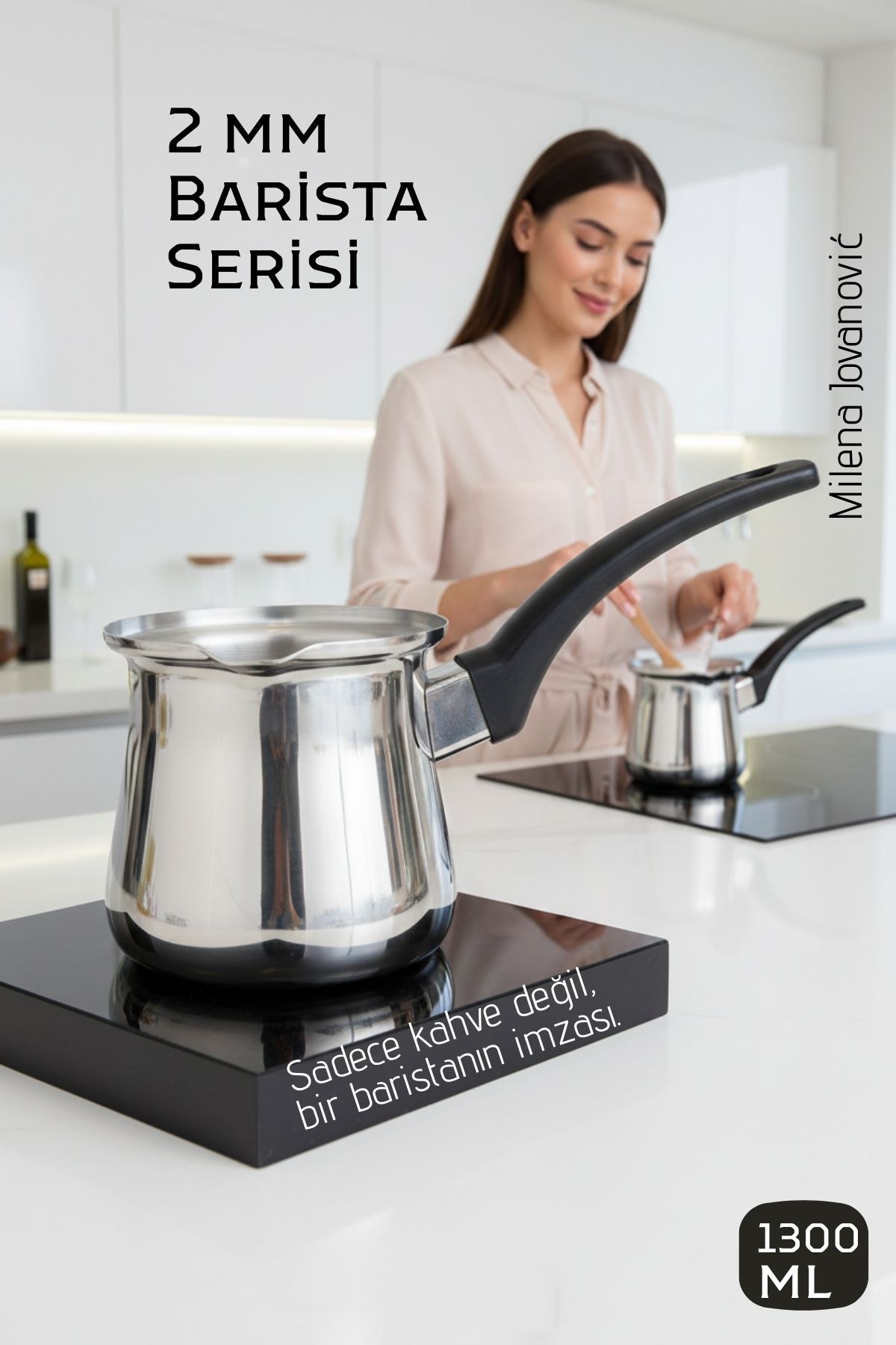 Premium 304 Paslanmaz Çelik Cezve 1290 ml Profesyonel Barista Serisi, Isıya Dayanıklı Sap 722586