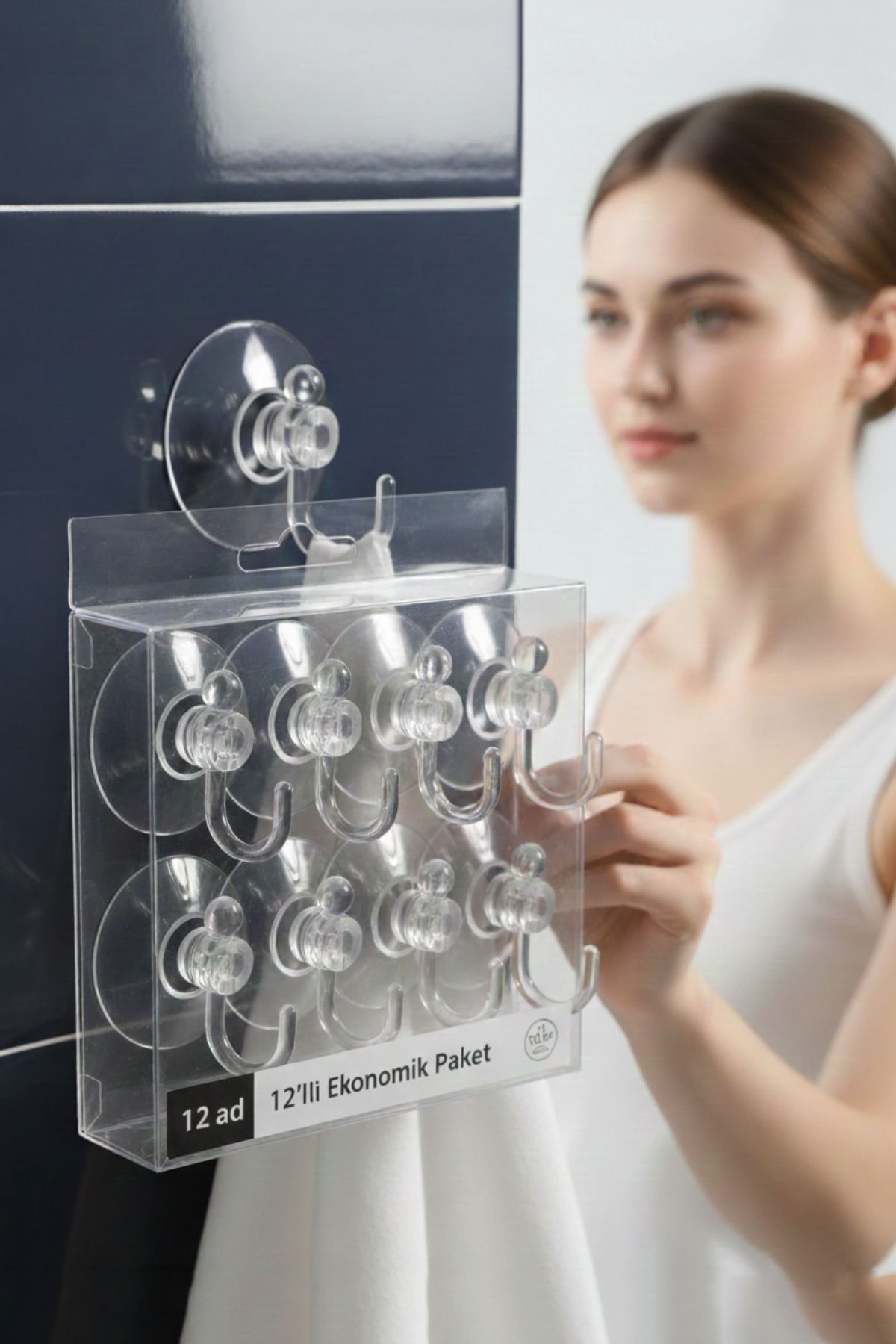 12'li Şeffaf Askılı Vantuz Kanca | Banyo & Mutfak Duvar Askısı (4cm) - 1.36kg Taşıma 