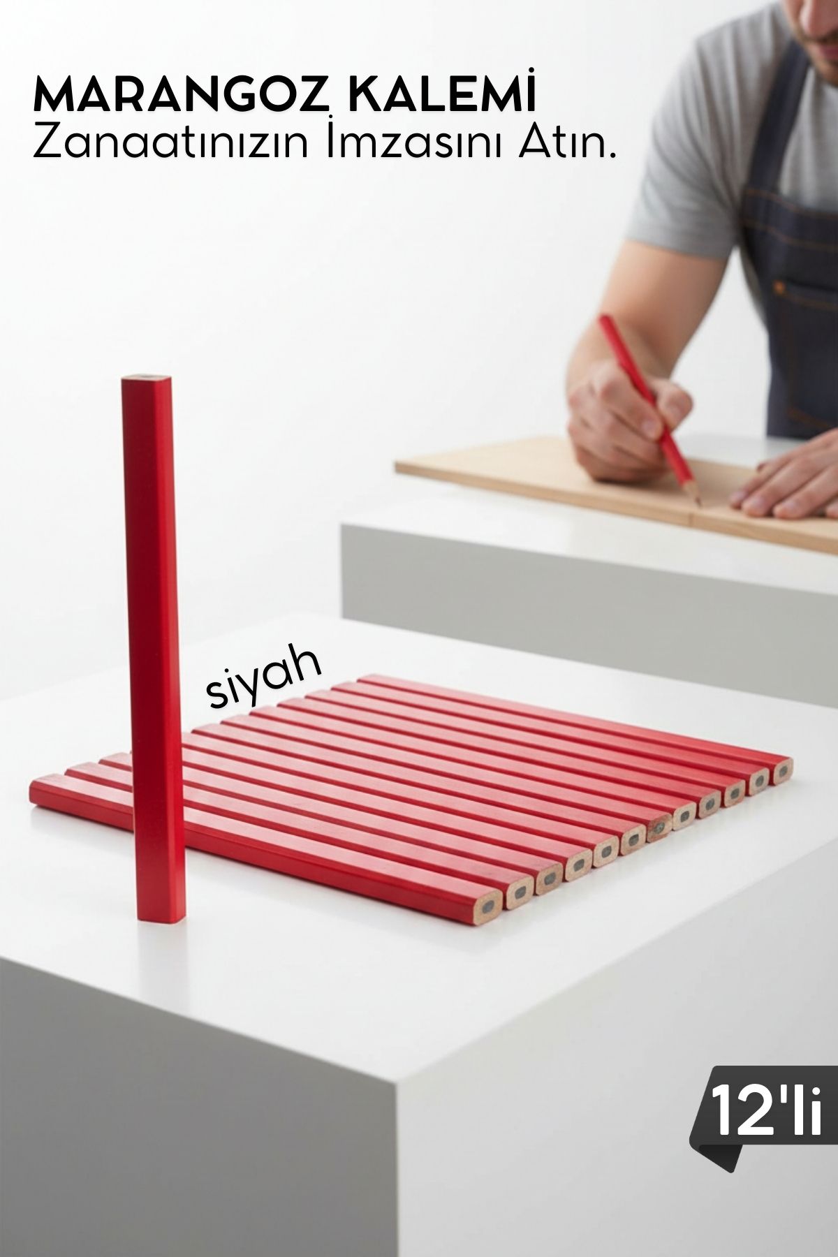 SİYAH 12'Lİ  Marangoz Kalemi - Ahşap İşleme Kalemi - Ahşap İşleme İşaretleme Araçları