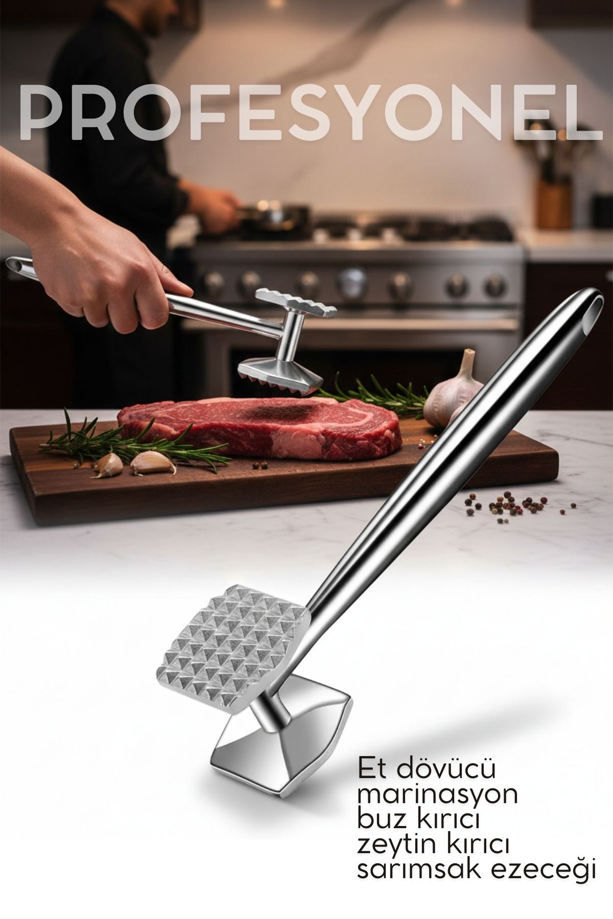 Et Dövücü Tokmağı Profesyonel Paslanmaz Çelik Marinasyon Çekici & Zeytin Kırıcı - 22 cm 