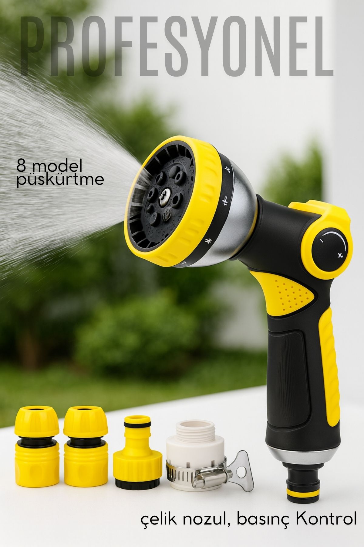Profesyonel 8 Modelli Metal Basınçlı Sulama Tabancası Seti | Ayarlanabilir Jet | Hortum Konnektörlü 