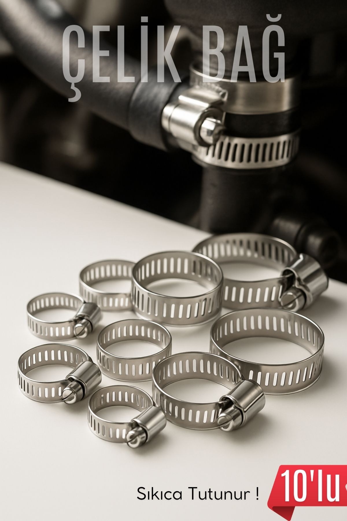   10'lu Hortum Kelepçesi Seti | 5 Boy Çelik Ayarlanabilir Vidalı Kelepçe | 13-27mm  