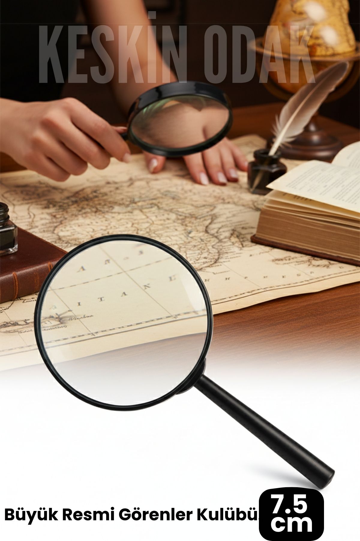 7.5 cm Optik Lensli El Tipi Büyüteç | Profesyonel Okuma, Hobi, Koleksiyon Merceği 